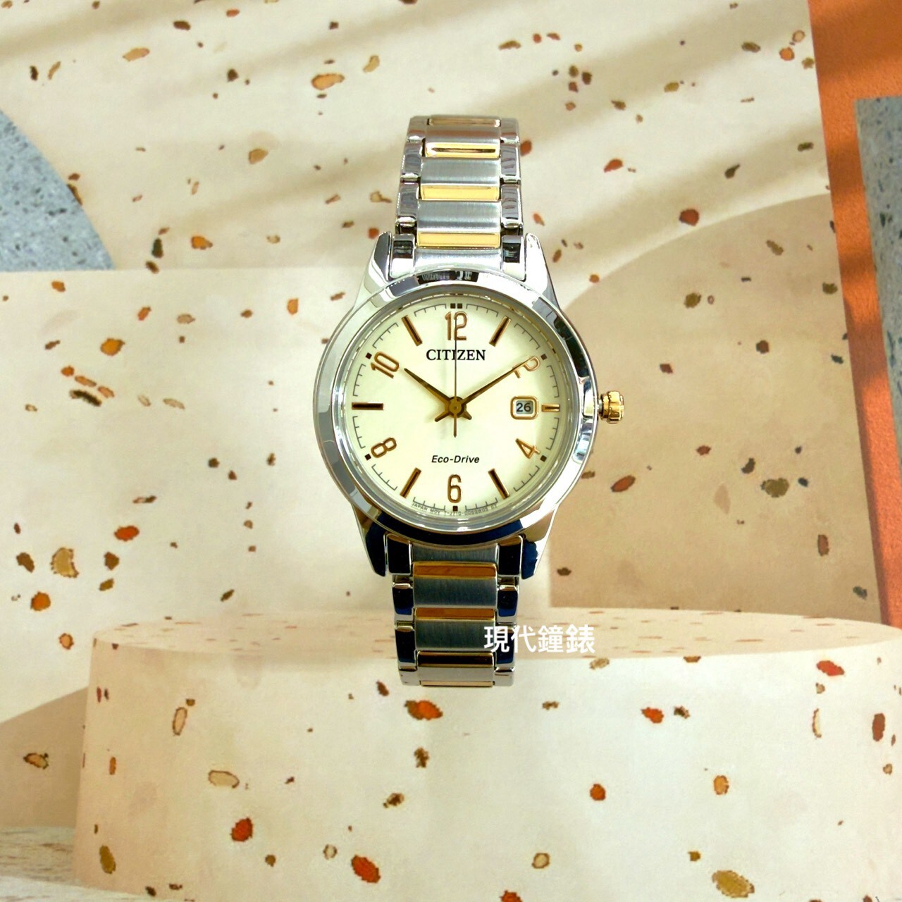 【CITIZEN 星辰】 光動能時尚簡約優雅腕錶(米白x鍍香檳金) FE1244-72A 29.4mm 現代鐘錶