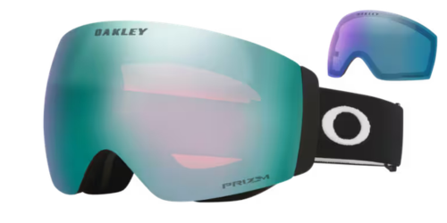 【OAKLEY】Flight Deck™ Pro M AF滑雪風鏡霧黑框(OO7142A-02)正面照，搭配Prizm Snow Sapphire Iridium藍寶石鏡片，展示鏡片正反面雙色光澤與盾形鏡框輪廓