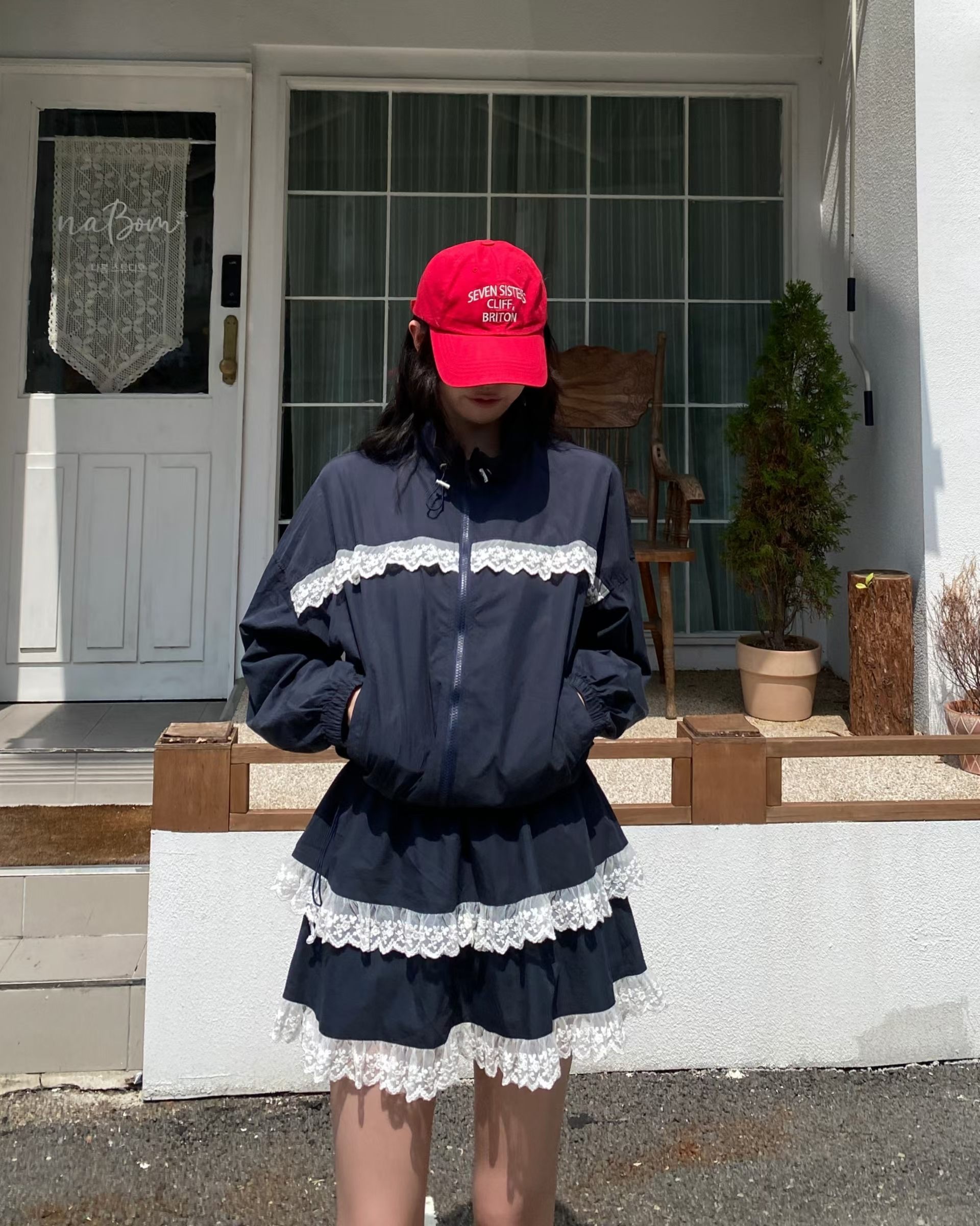 深藍蕾絲外套+短裙set