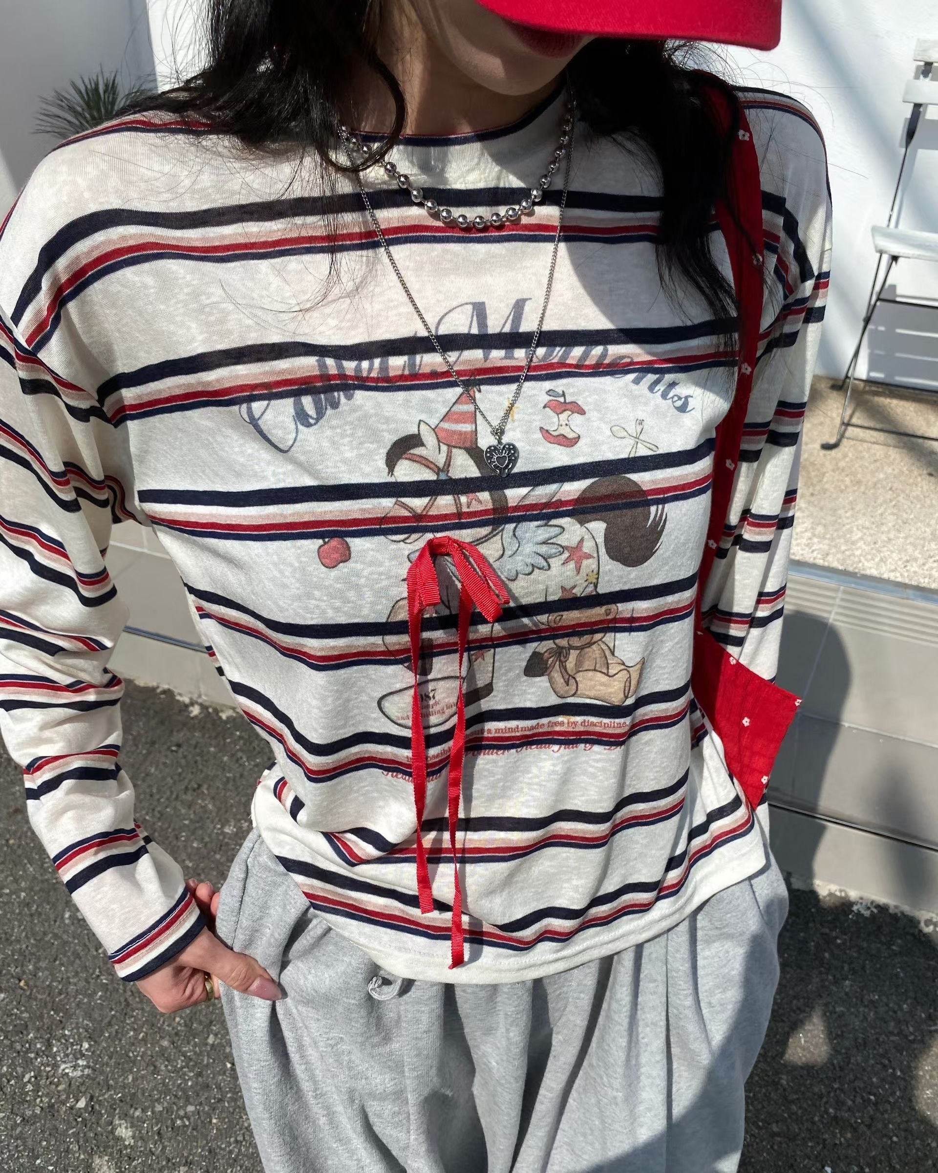 條紋飛馬緞帶結長袖t