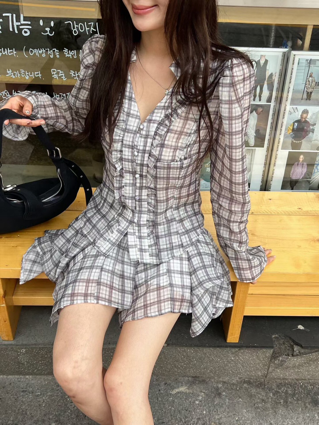 荷葉格子收腰襯衫  短裙(內安全褲)