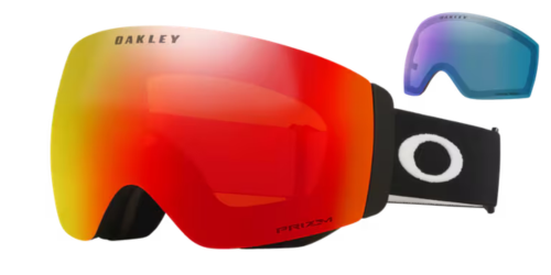 【OAKLEY】Flight Deck™ Pro M AF滑雪風鏡霧黑框(OO7142A-03)正面照，搭配Prizm Snow Torch Iridium橙紅鏡片，展示鏡片正反面雙色光澤與盾形鏡框輪廓