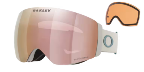 【OAKLEY】Flight Deck™ Pro M AF滑雪風鏡霧面灰框(OO7142A-12)正面照，搭配Prizm Rose Gold Iridium玫瑰金鏡片，展示鏡片正反面雙色光澤與盾形鏡框輪廓