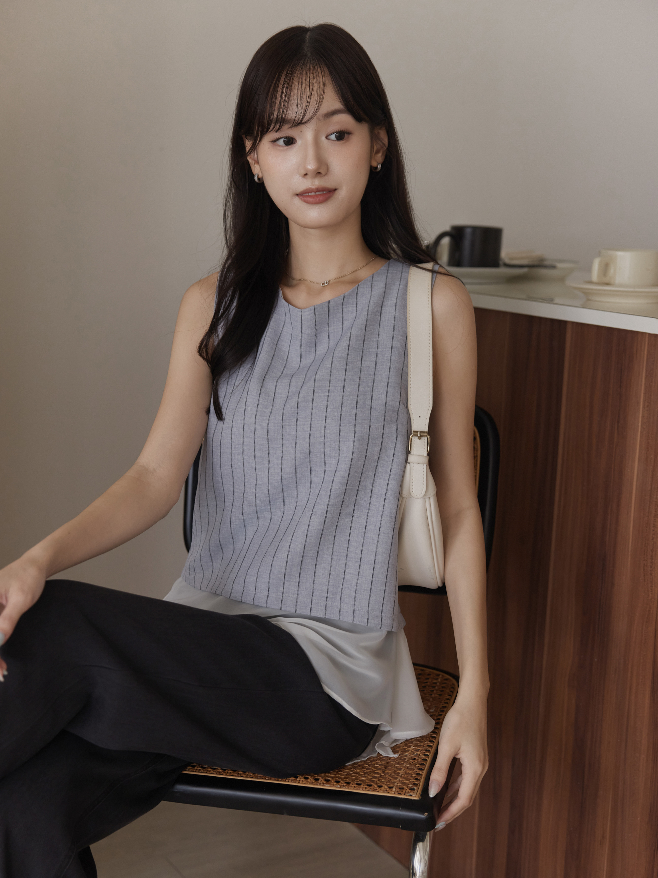 レイヤード風 シフォン切り替え ストライプ タンクトップ