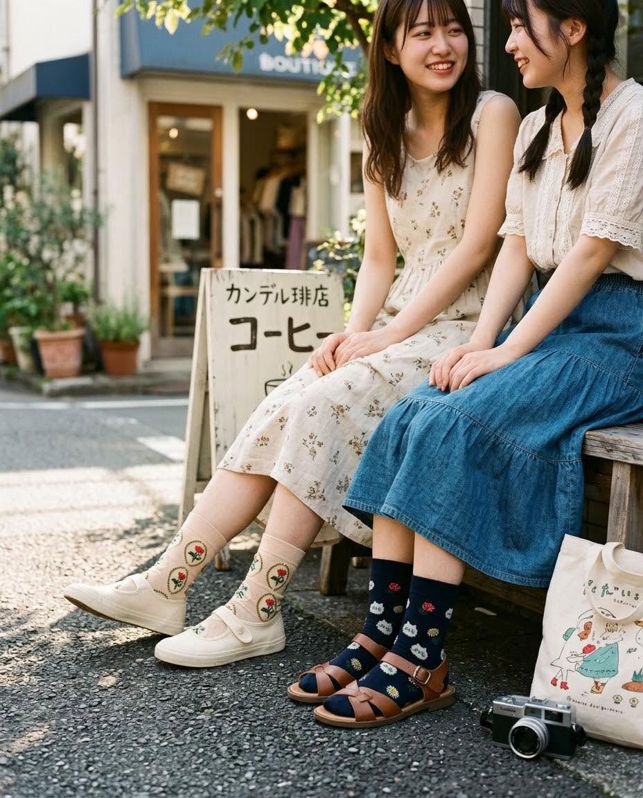 貓咪&花圖案短襪