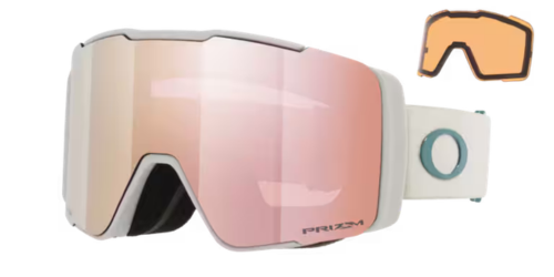 【OAKLEY】Line Miner™ Pro M AF滑雪風鏡霧灰框(OO7144A-18)正面照，搭配Prizm Rose Gold Iridium玫瑰金鏡片，展示鏡片正反面雙色光澤與備用琥珀色鏡片