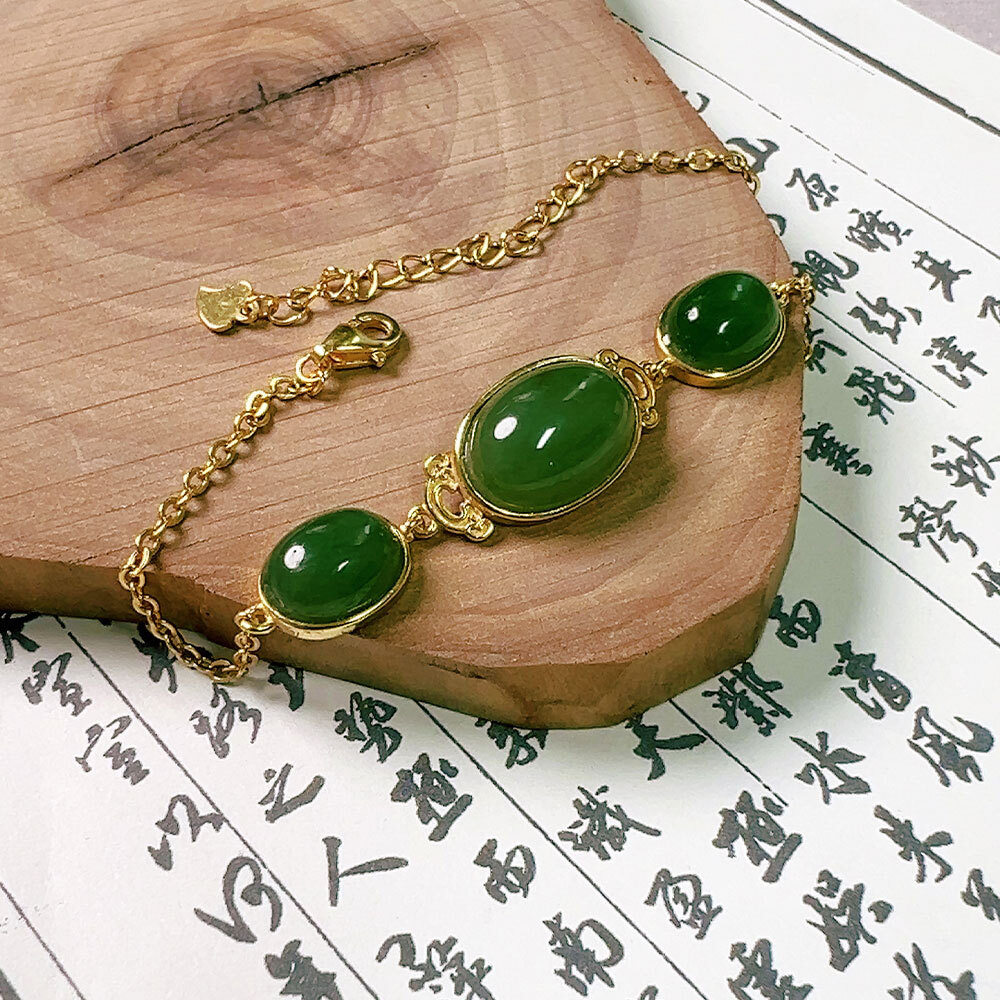 0916XY60-XYDAY-HTJADE-和田玉碧玉無黑點祥雲三寶925純銀手鏈 約8*10mm/10*14mm (F60)