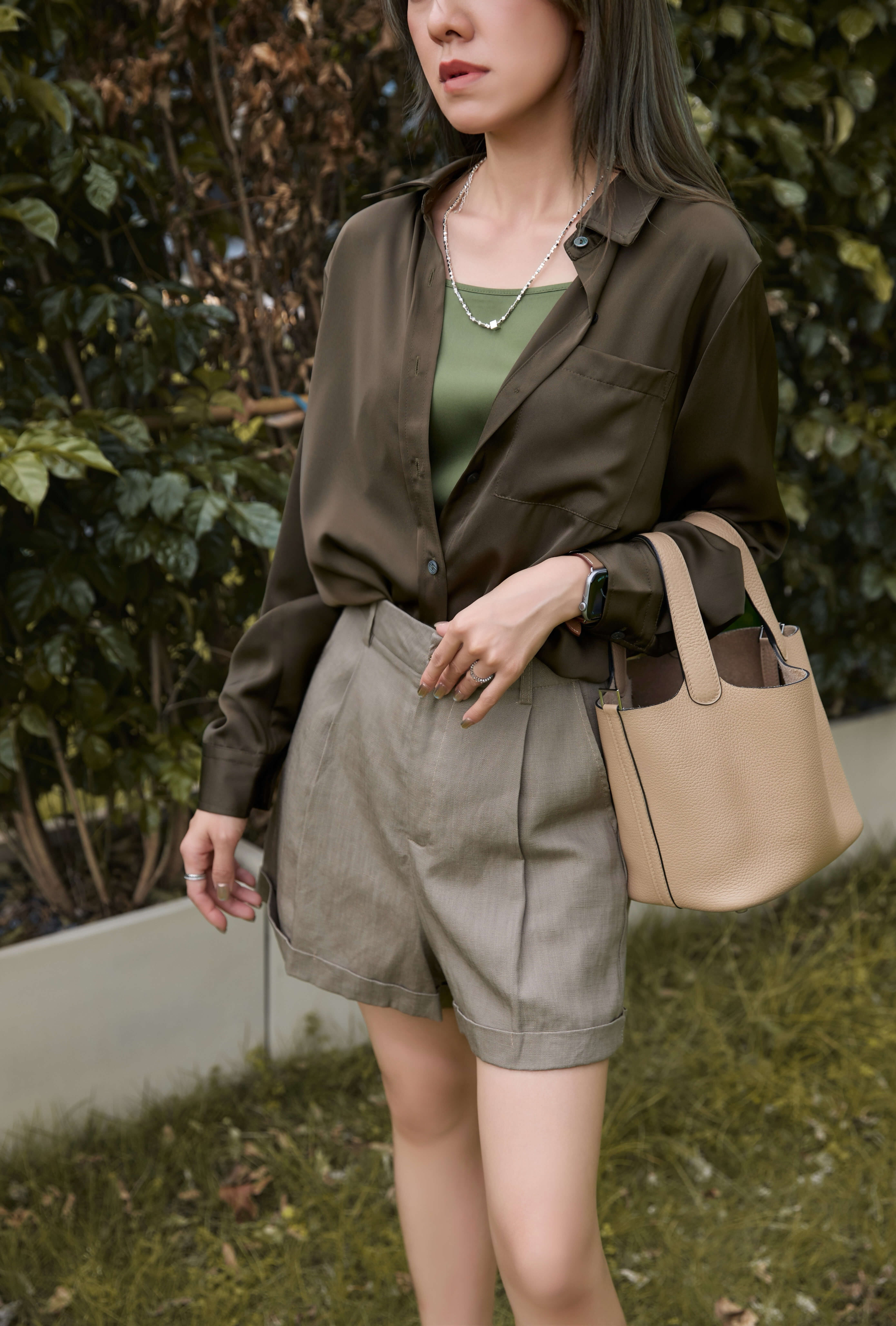Silk-Satin Shirt With Belted/ Midi Skirt/ Full Set_ST269L05