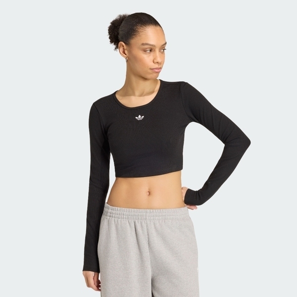 Adidas 愛迪達 Ess Rib Crop Ls KR1098 女 長袖上衣 休閒長袖 短版 黑