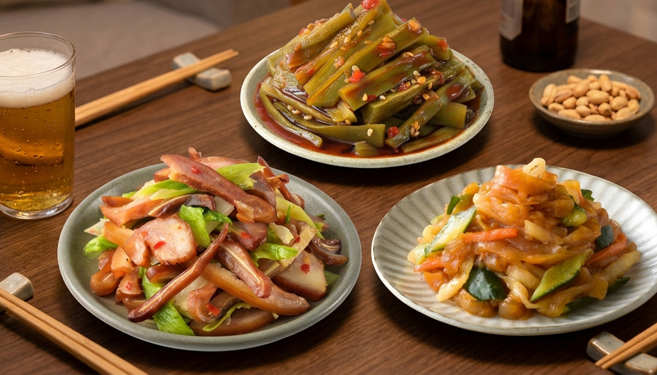 協發行泡菜產品老饕蒜苗豬、偷心海蟄及偷心貢菜居家餐桌擺盤特寫。
