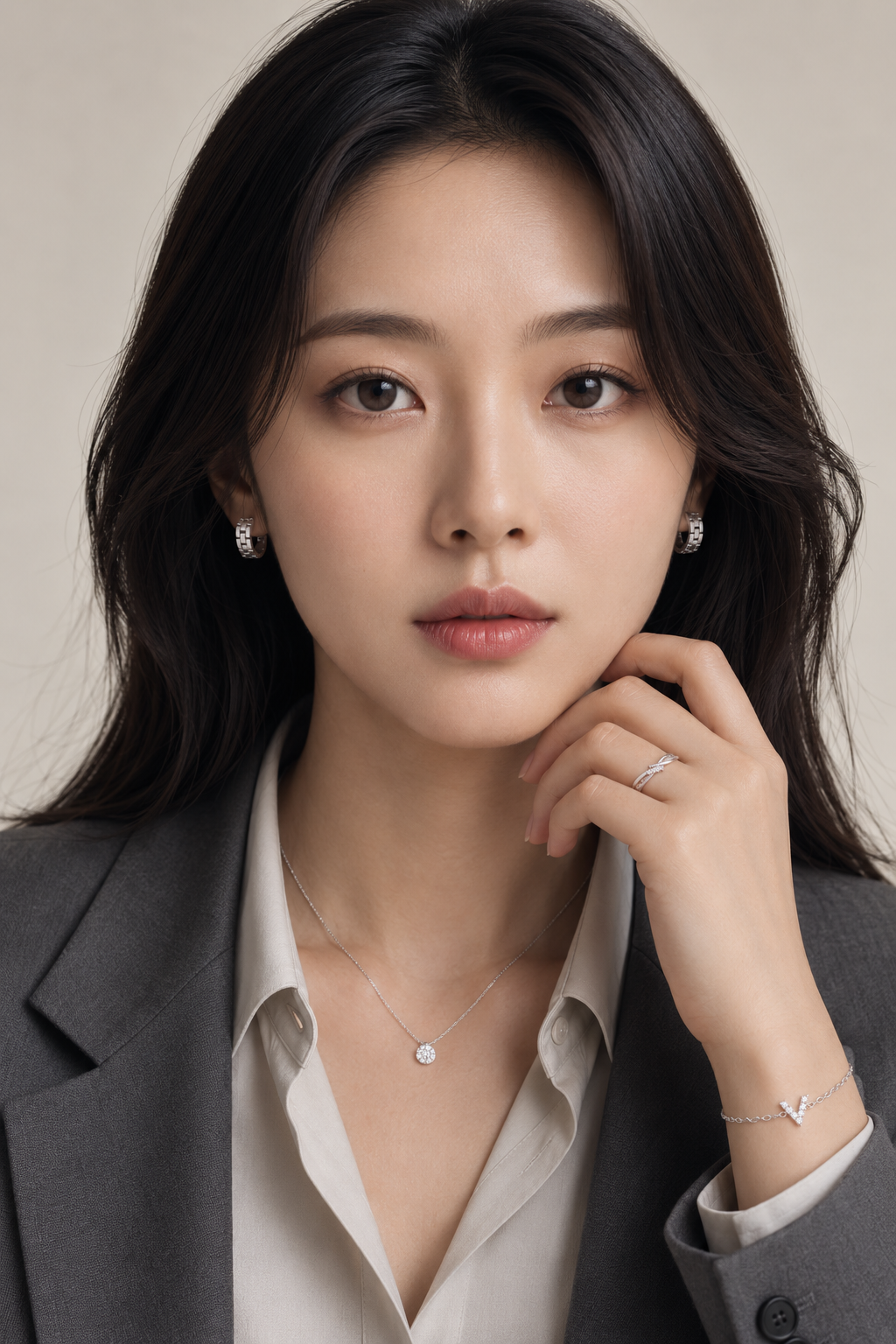 Beauté.E 上班通勤穿搭照,襯衫與西裝外套搭配項鍊、耳環、戒指與手鍊