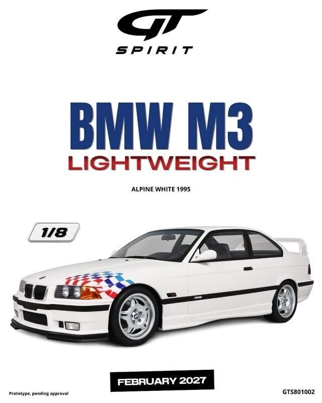 預訂 (訂金$3000) (預訂價$8082) :1/8 GT SPIRIT BMW M3 LIGHTWEIGHT ALPINE WHITE 1995 (GTS801002)