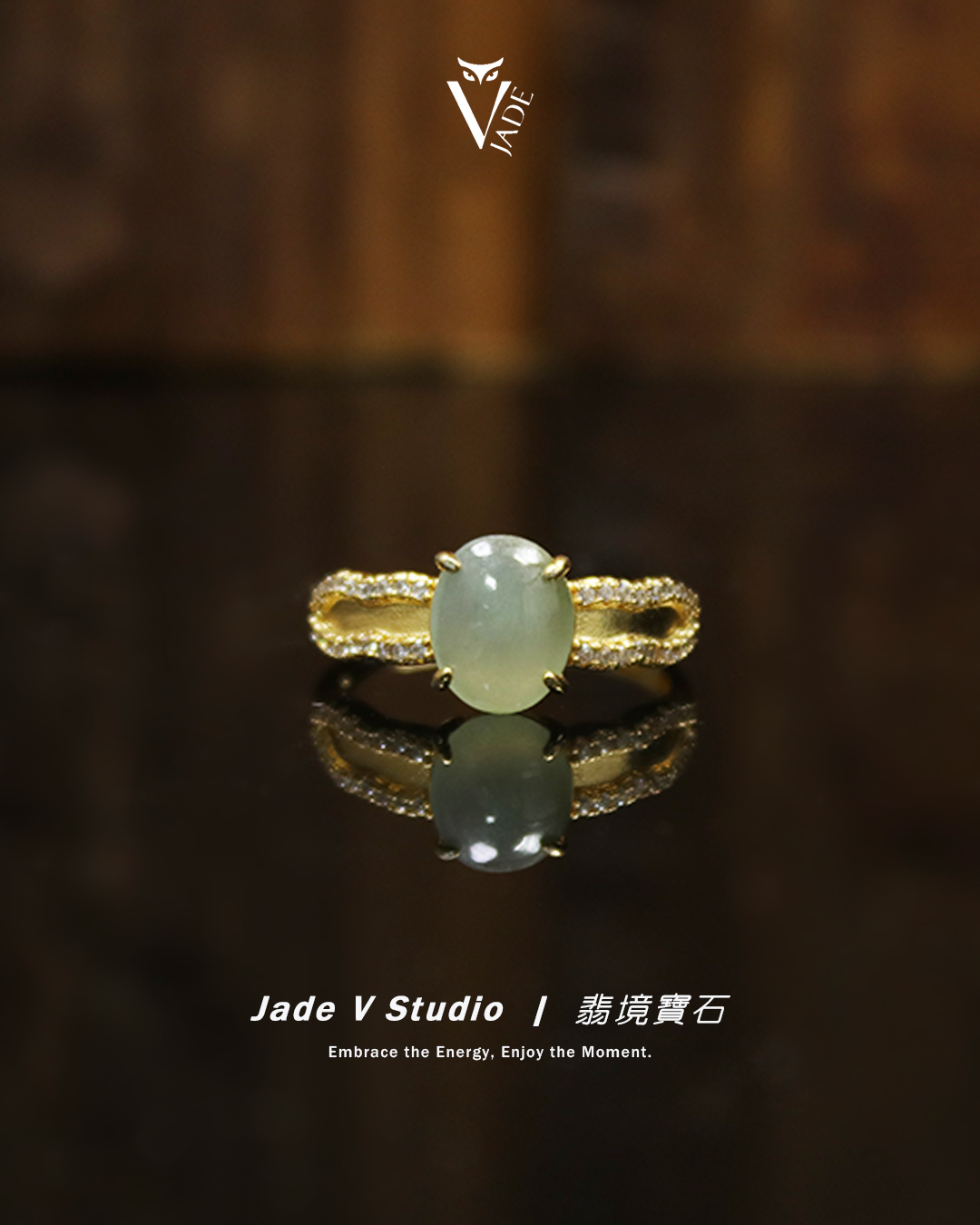 【JadeV｜翡境寶石】糯冰 淡綠 蛋面 翡翠 金色 戒指