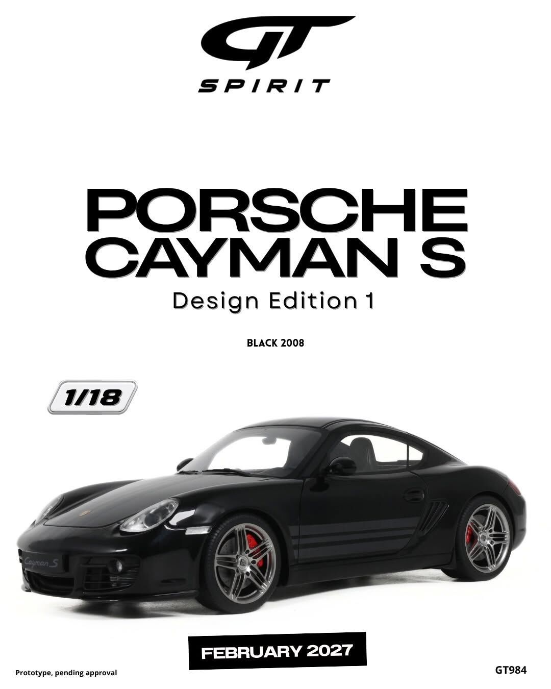 預訂 (訂金$300) (預訂價$801) :1/18 GT SPIRIT PORSCHE CAYMAN S DESIGN EDITION 1 BLACK 2008 (GT984)