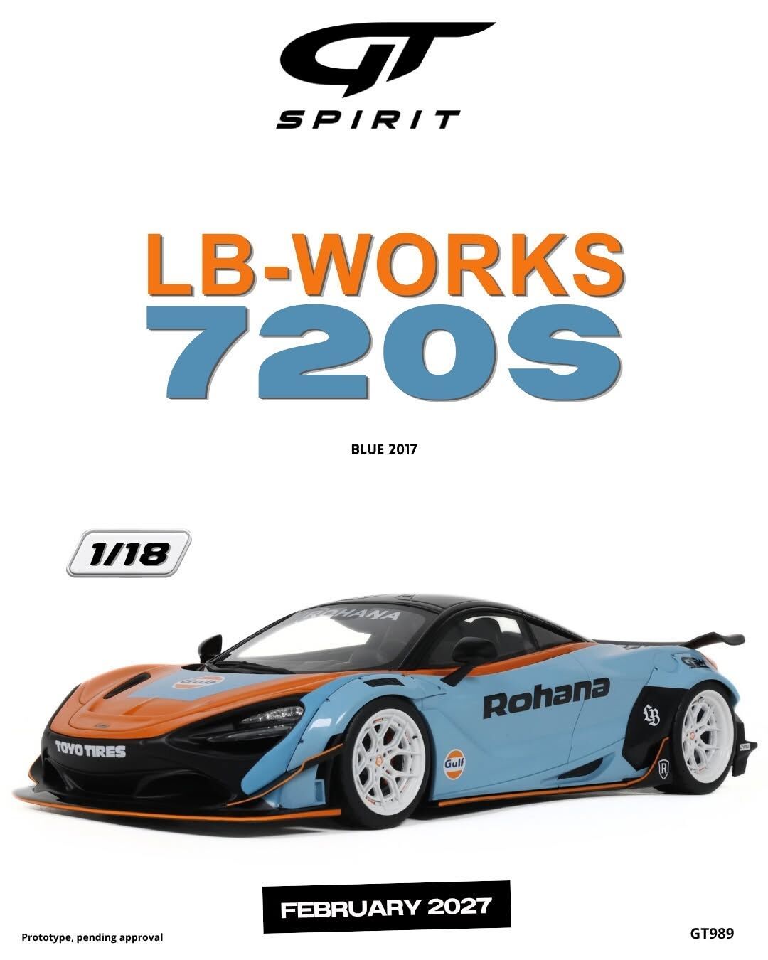 預訂 (訂金$300) (預訂價$801) :1/18 GT SPIRIT LB-WORKS 720S ORANGE & BLUE 2017 (GT989)