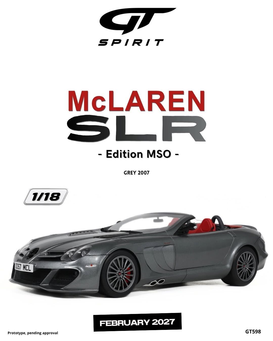 預訂 (訂金$300) (預訂價$801) :1/18 GT SPIRIT McLAREN SLR EDITION MSO GREY 2007 (GT598)