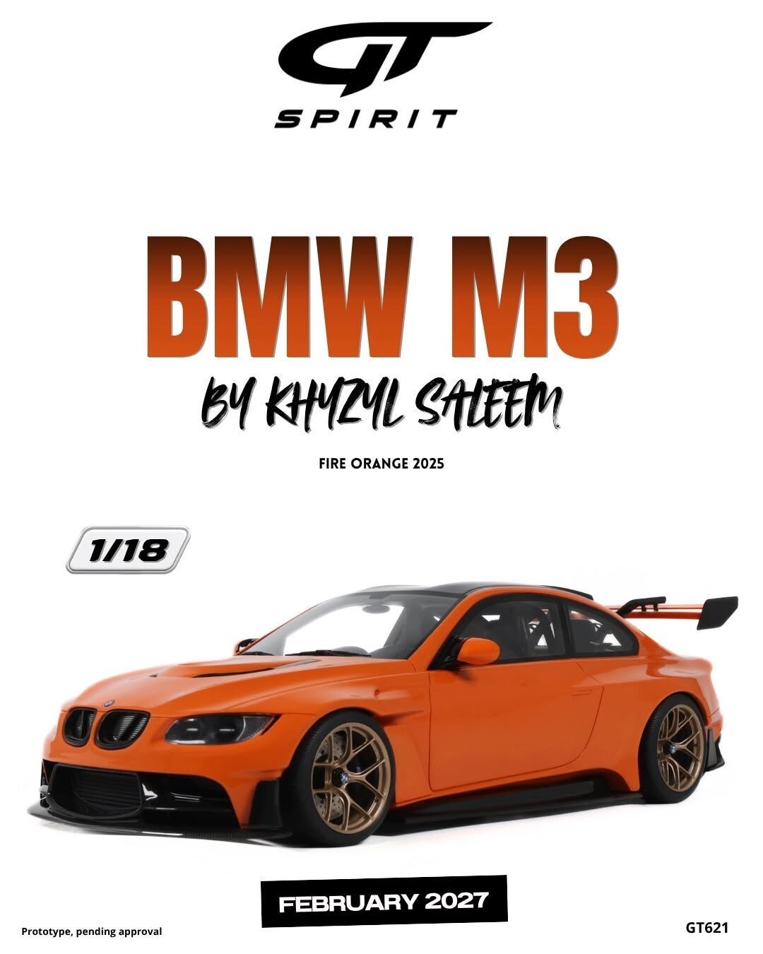 預訂 (訂金$300) (預訂價$801) :1/18 GT SPIRIT BMW M3 BY KHYZYL SALEEM FIRE ORANGE 2025 (GT621)