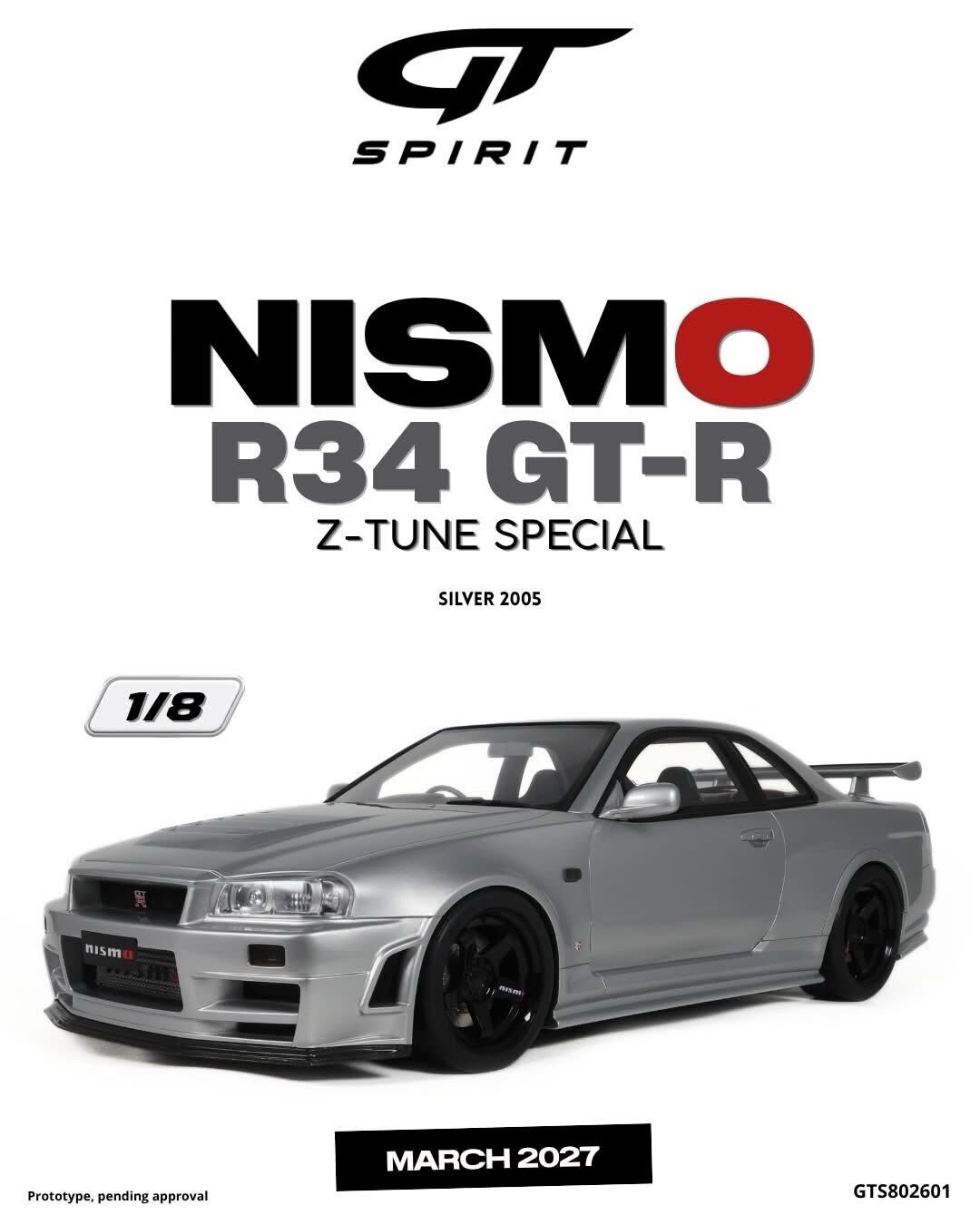 預訂 (訂金$3000) (預訂價$8082) :1/8 GT SPIRIT NISMO R34GT-R Z-TUNE SPECIAL SILVER 2005 (GTS802601)