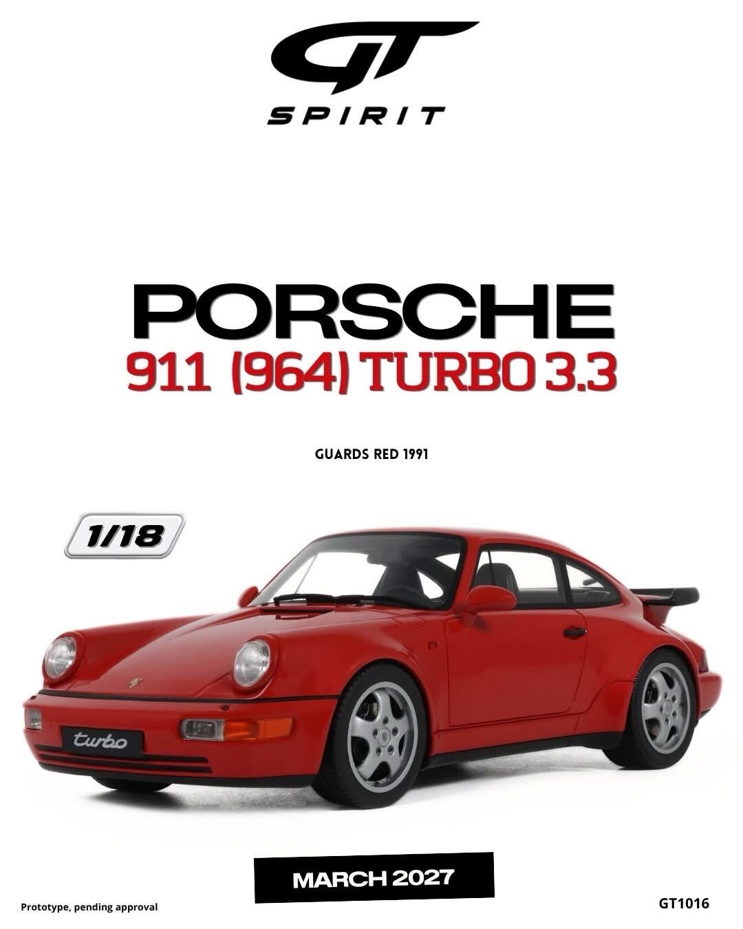 預訂 (訂金$300) (預訂價$801) :1/18 GT SPIRIT PORSCHE 911 (964) TURBO 3.3 GUARDS RED 1991 (GT1016)