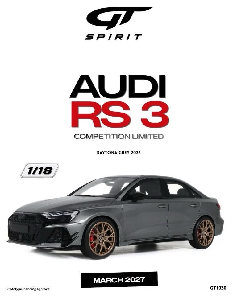 預訂 (訂金$300) (預訂價$801) :1/18 GT SPIRIT AUDI RS 3 COMPETITION LIMITED DAYTONA GREY 2026 (GT1030)