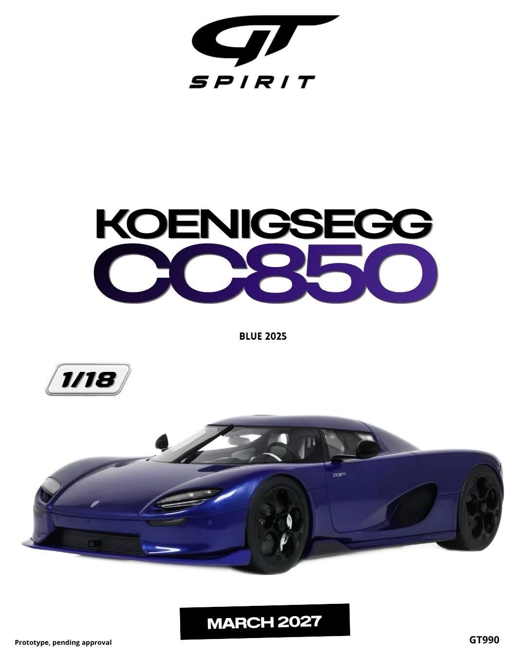 預訂 (訂金$300) (預訂價$801) :1/18 GT SPIRIT KOENIGSEGG CC850 BLUE 2025 (GT990)