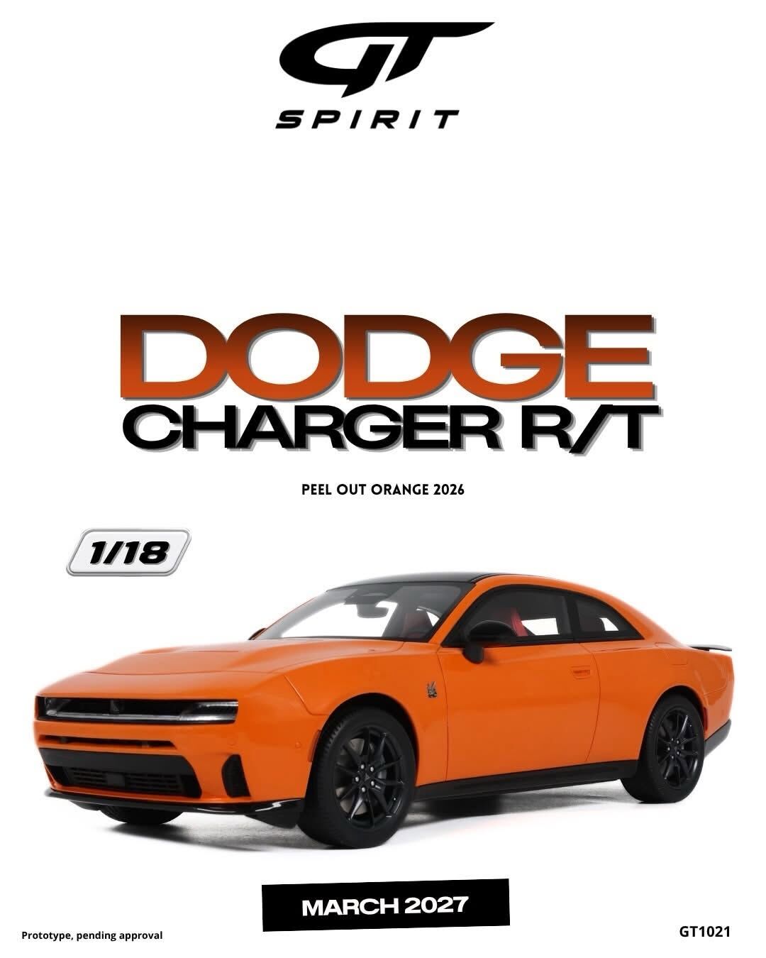 預訂 (訂金$300) (預訂價$801) :1/18 GT SPIRIT DODGE CHARGER R/T PEEL OUT ORANGE 2026 (GT1021)