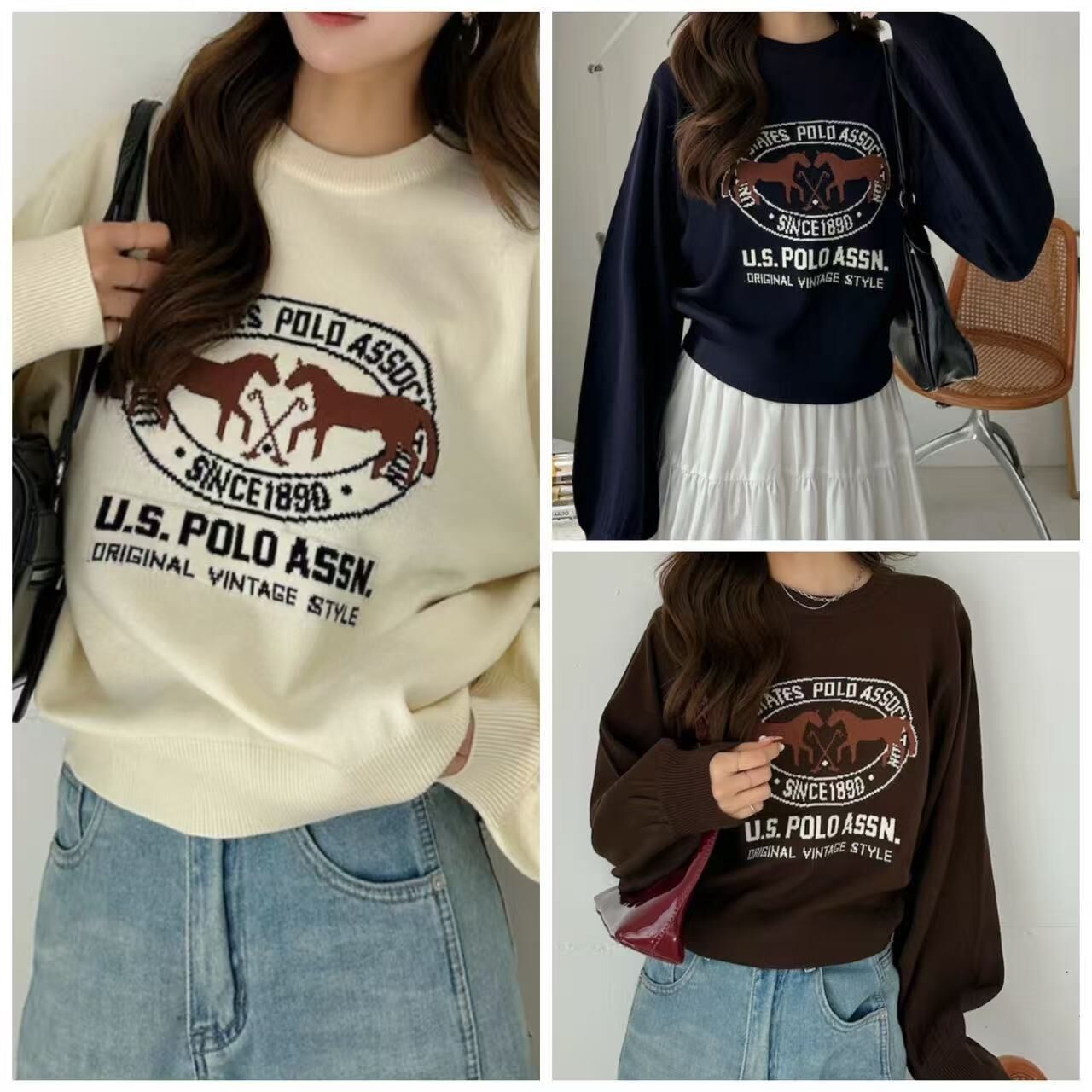 【預購】JM090702 U.S. POLO ASSN. 提花刺繡澎袖針織上衣