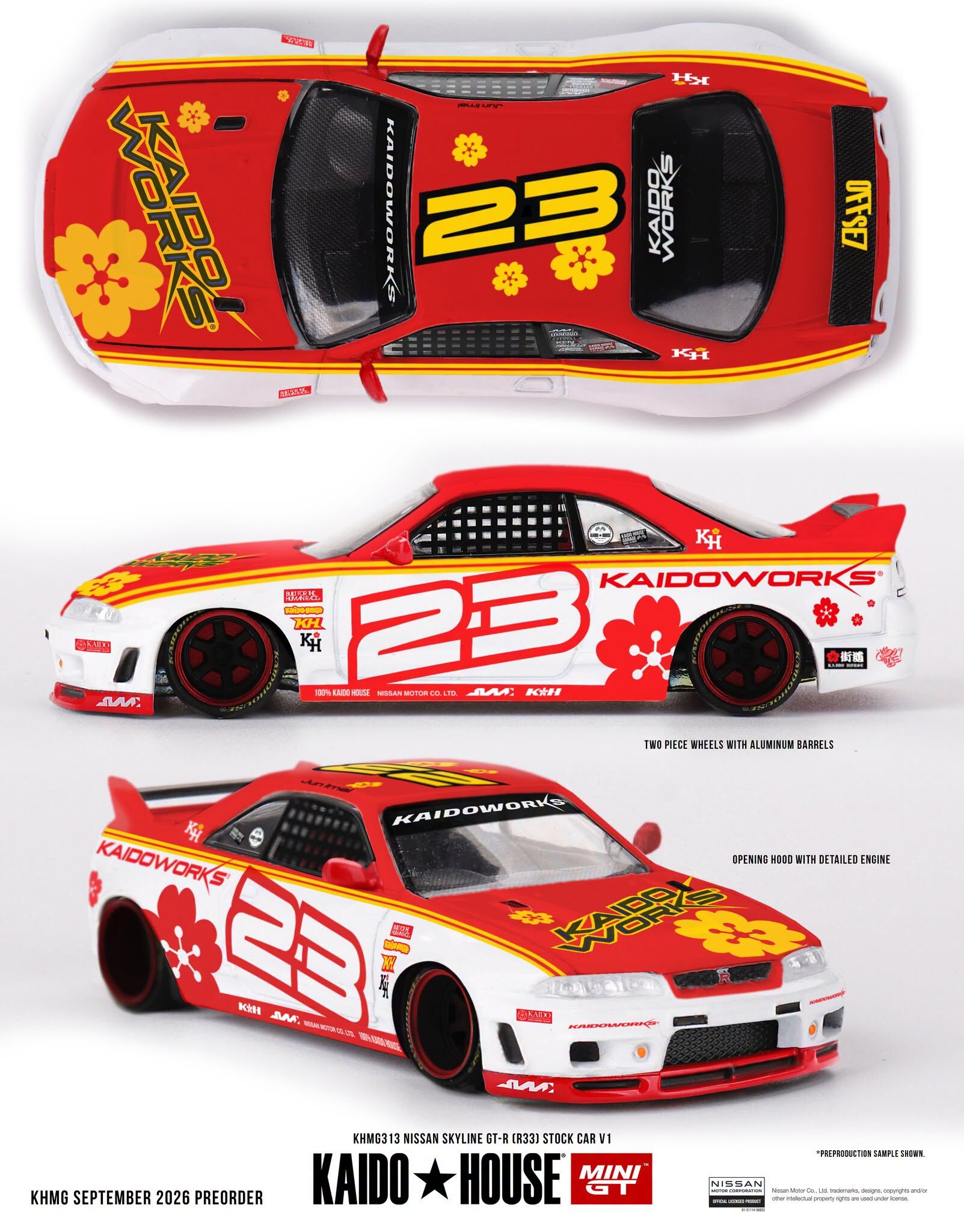 預訂:1/64 MINI GT Nissan Skyline GT-R (R33) Kaido Stock Car V1 (KHMG313)