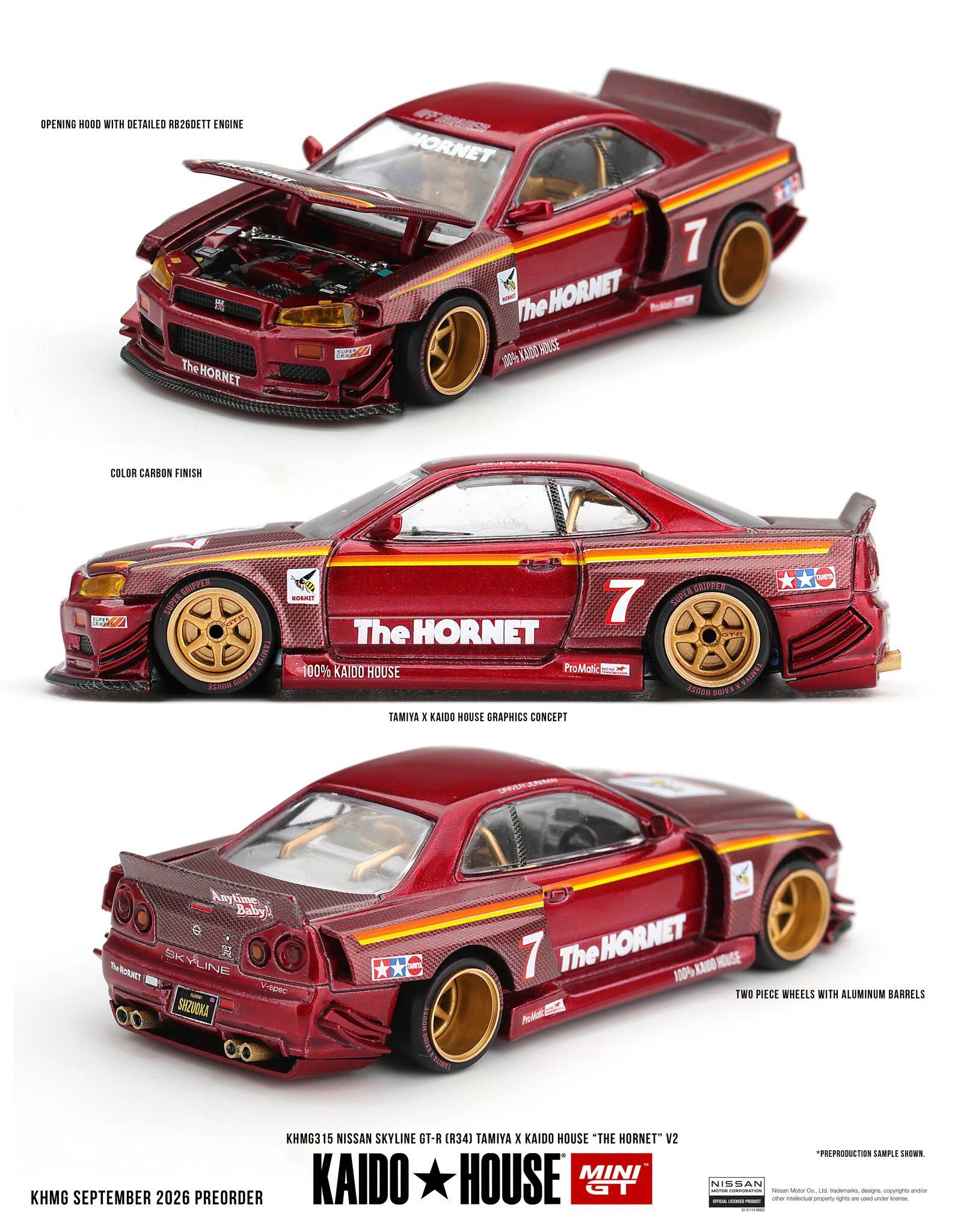 預訂:1/64 MINI GT Nissan Skyline GT-R (R34) TAMIYA x KAIDO HOUSE "The Hornet" V2 (KHMG315)