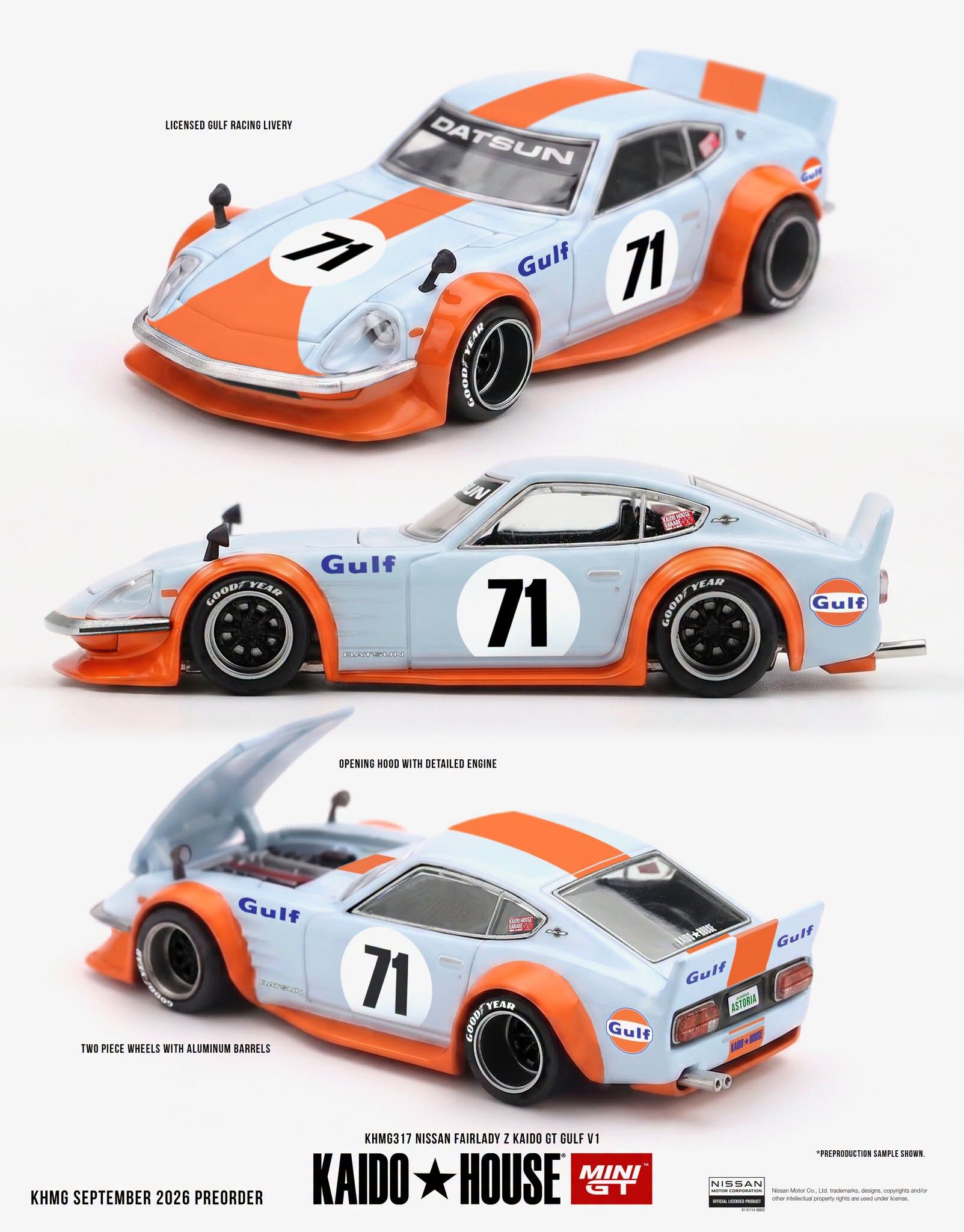 預訂:1/64 MINI GT Nissan Fairlady Z Kaido GT GULF V1  (KHMG317)