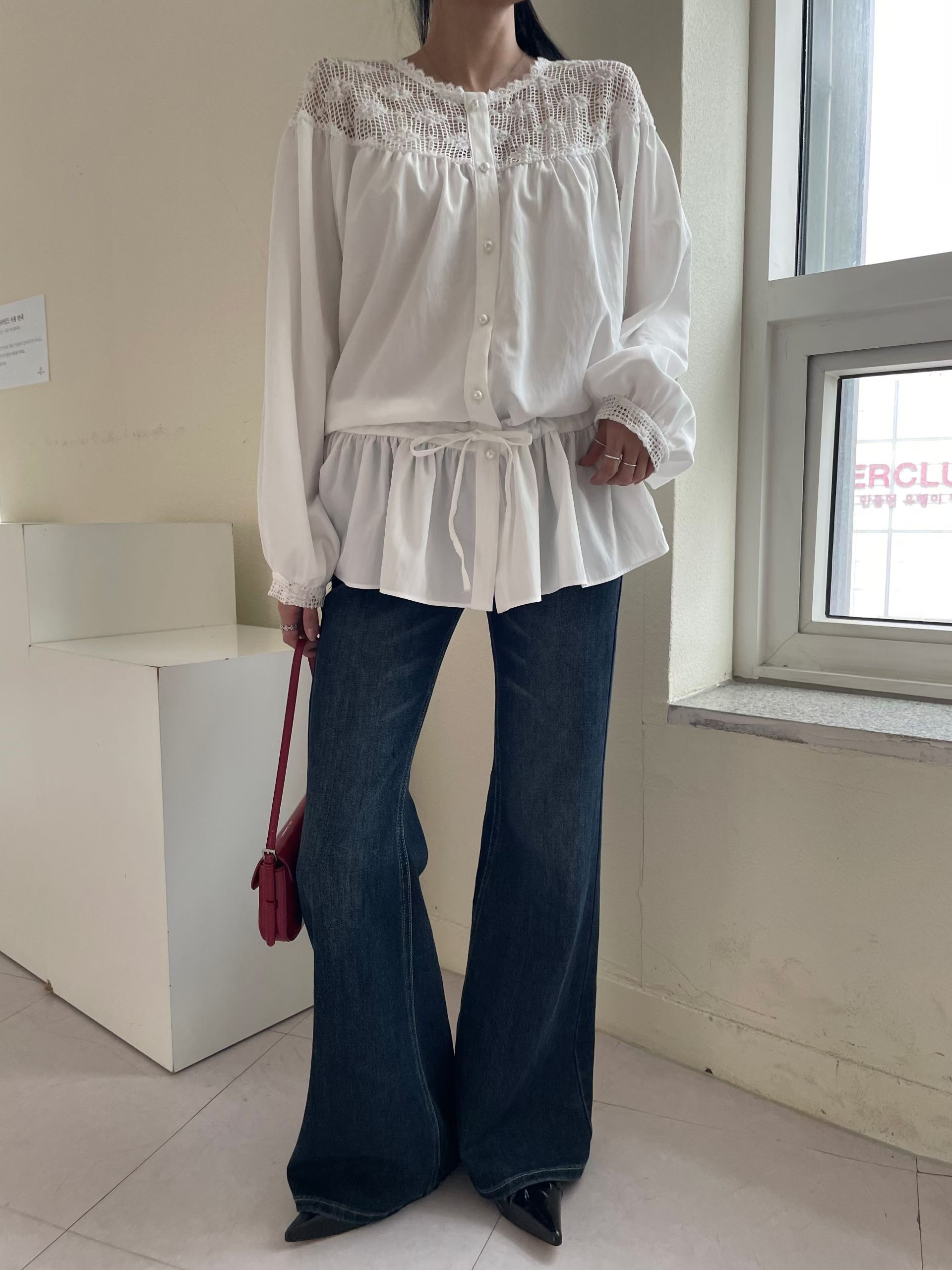 網花縮腰長襯衫