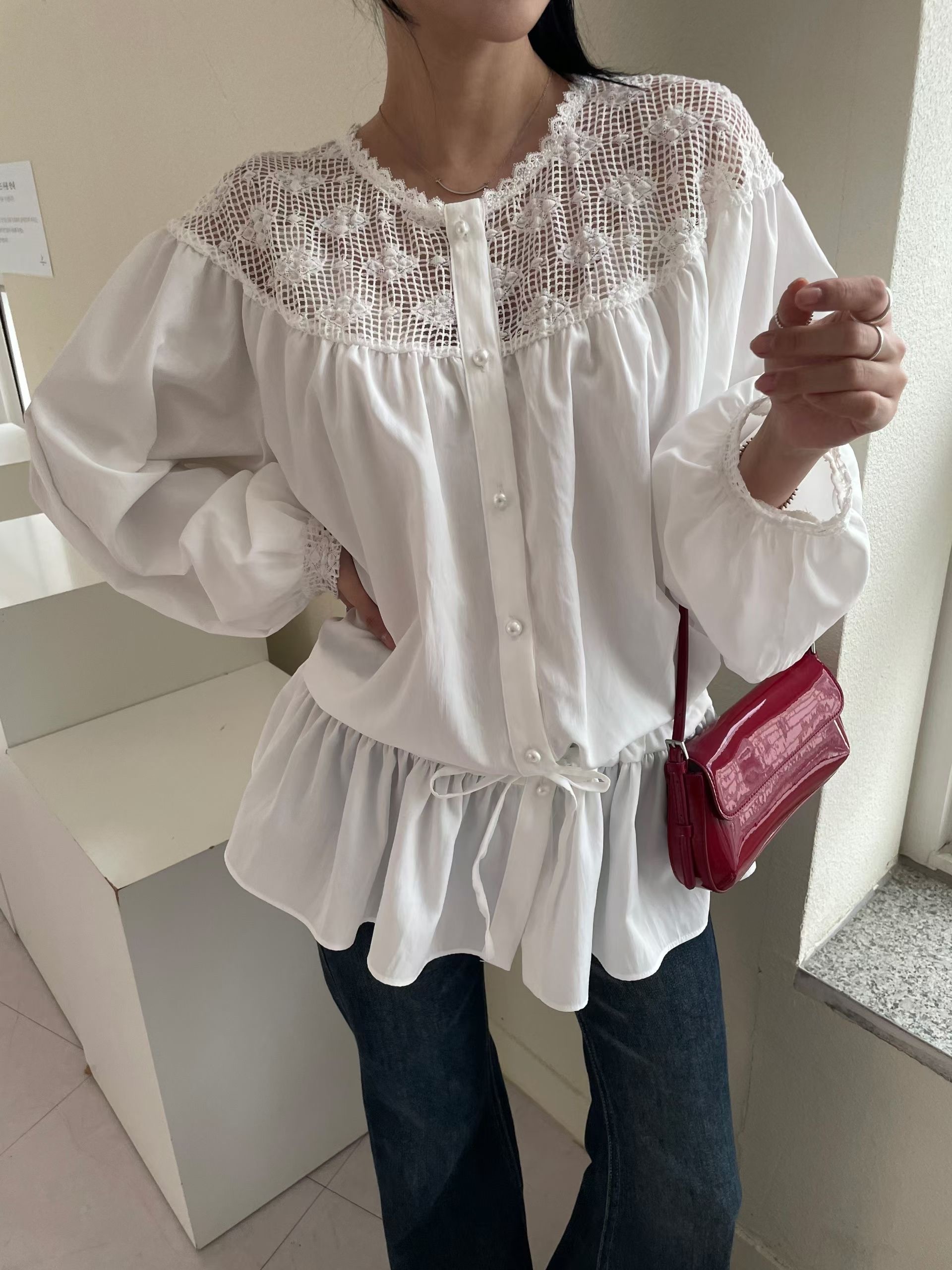 網花縮腰長襯衫