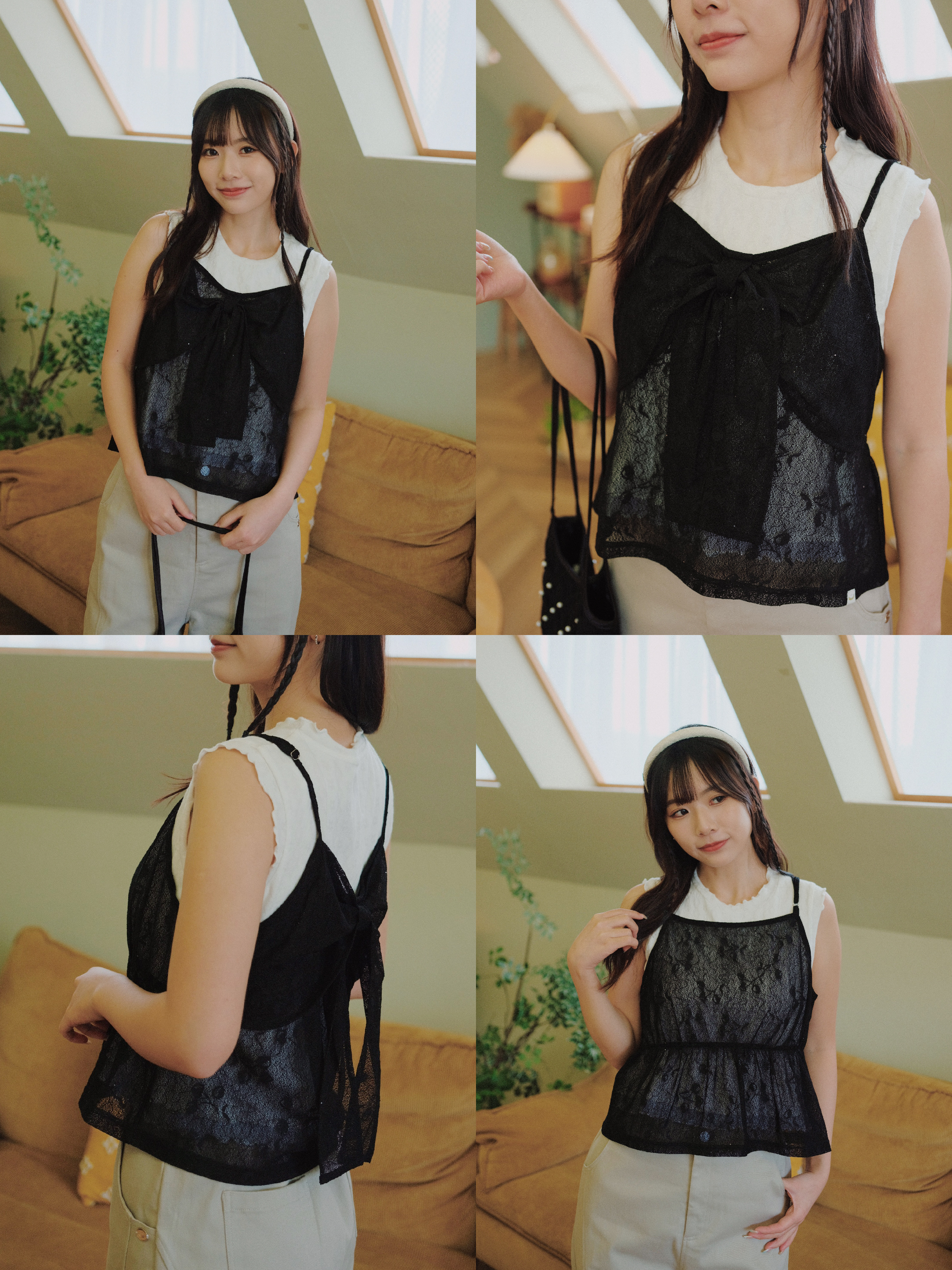 三色 / 微閃櫻桃大蝴蝶結馬甲 / Shimmer Cherry Lace Bow-Front Cami