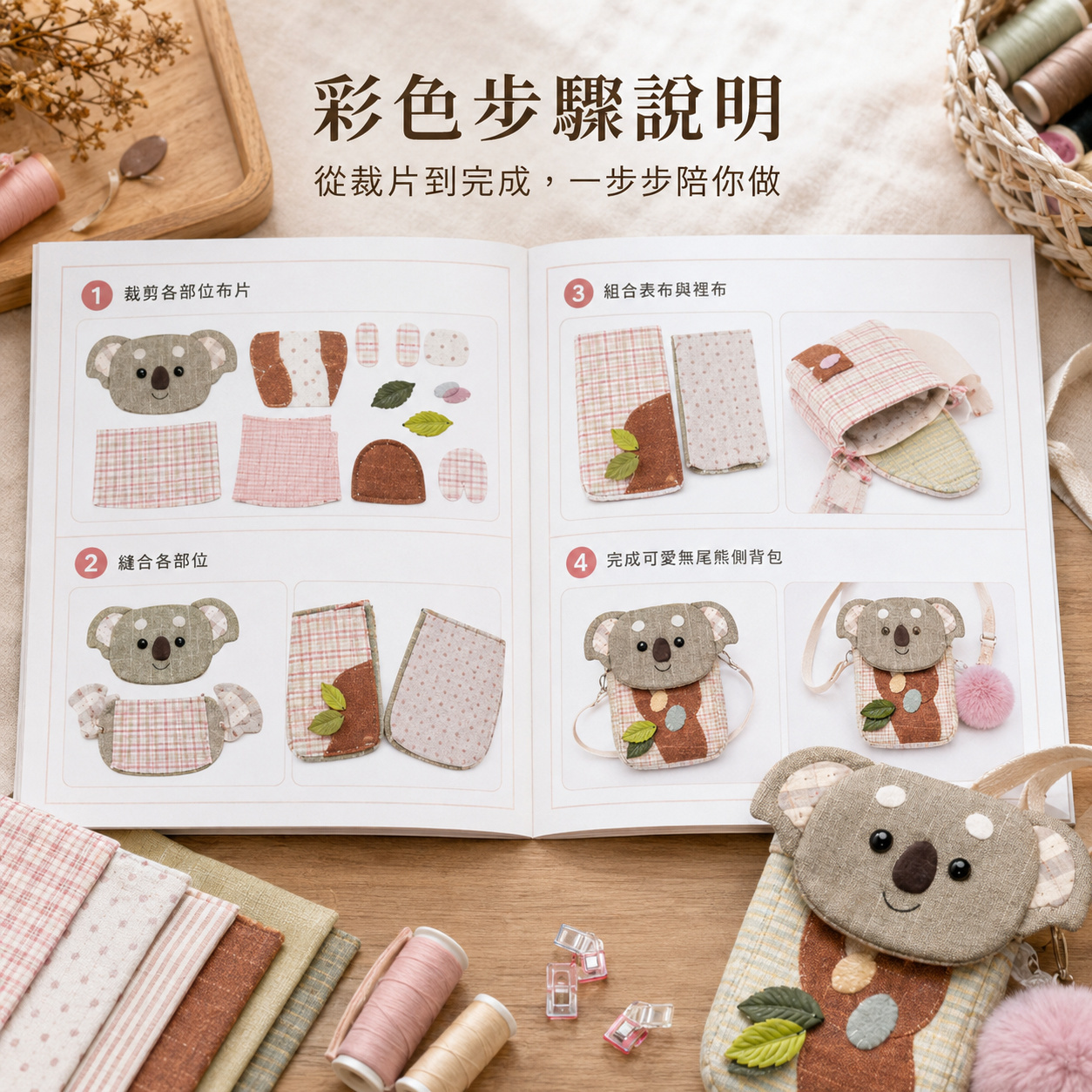 Illustrated step-by-step sewing instructions for the koala bag