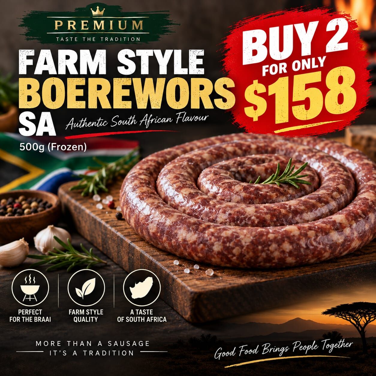 20% Off Farm Style Boerewors SA (500g) (Frozen)