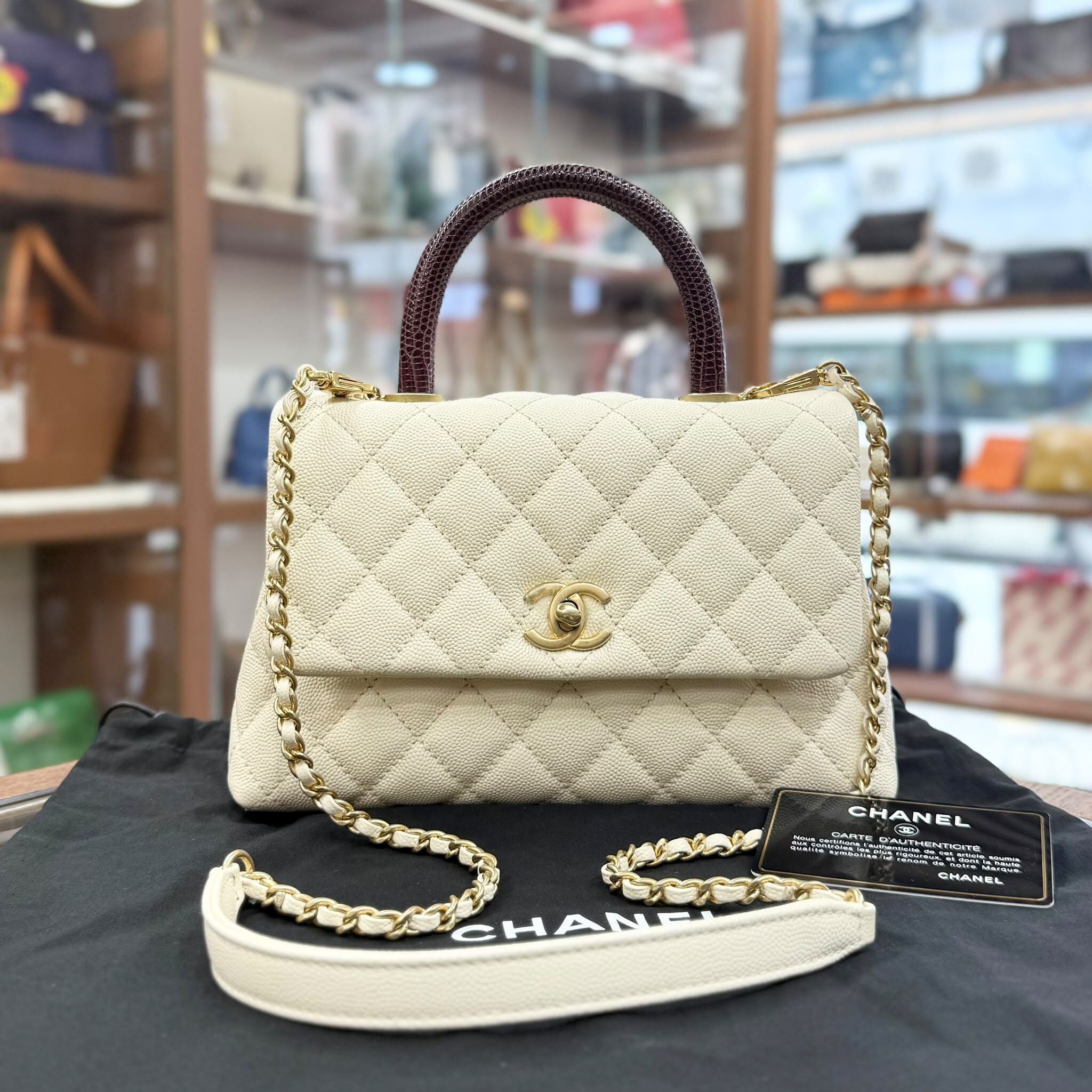 95%NEW USED CHANEL COCO HANDLE SMALL 米白色蜥蜴皮手柄荔枝皮金扣#24開 #香奈兒