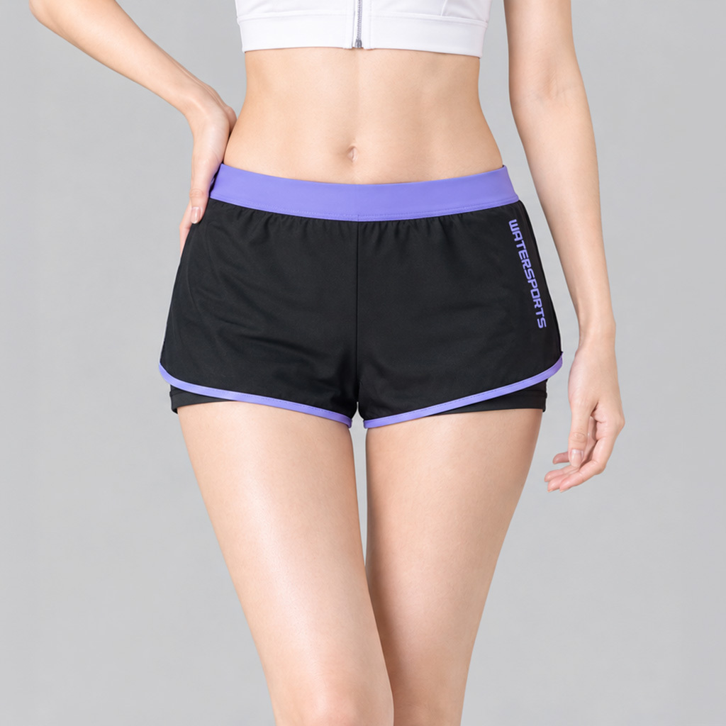 Women's Colorblock Layered Leggings Beach Shorts - Black/Purple