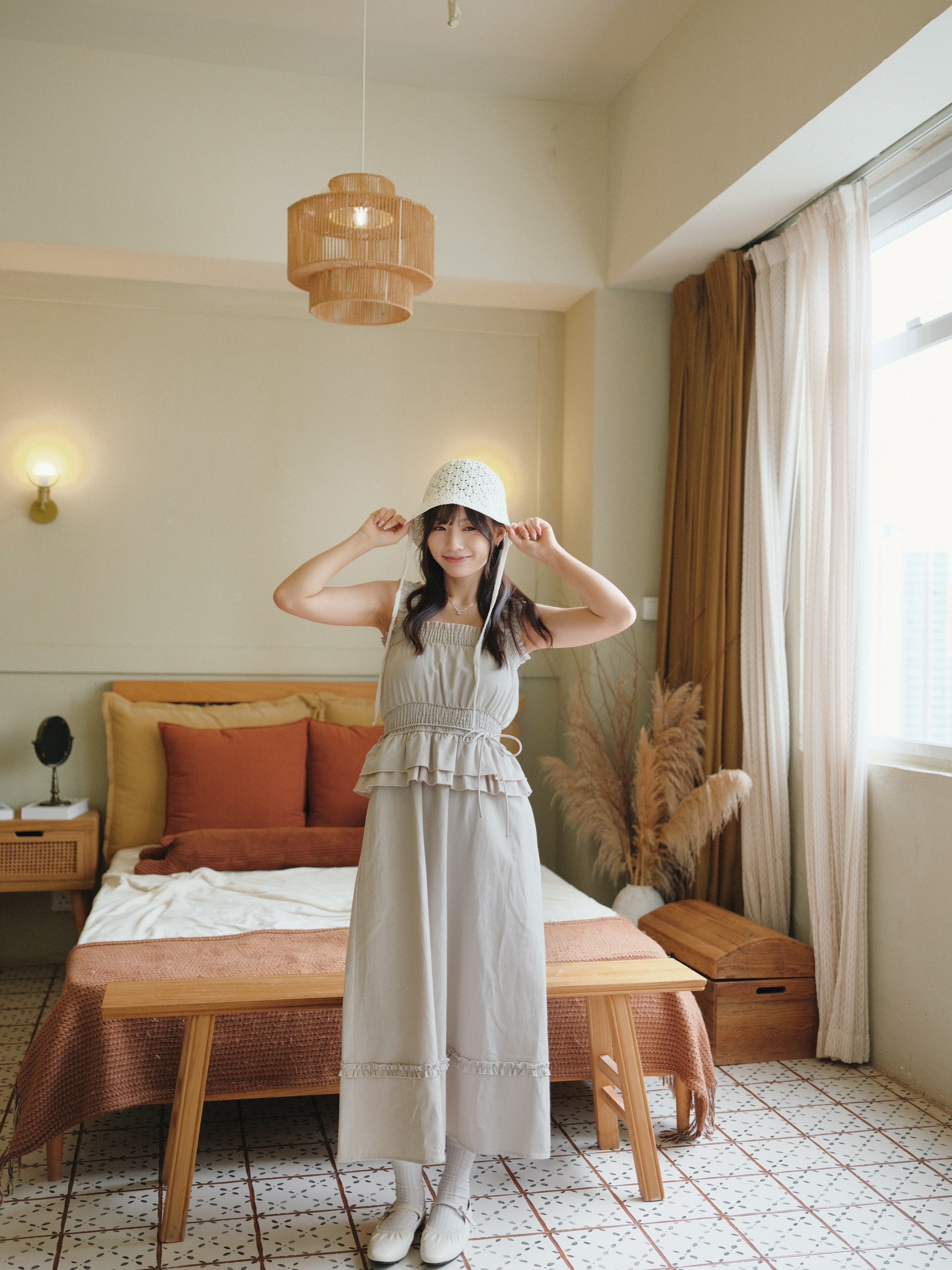 三色 / 方領束褶修腰背心連身裙 / Square Neck Smocked Waist Peplum Dress