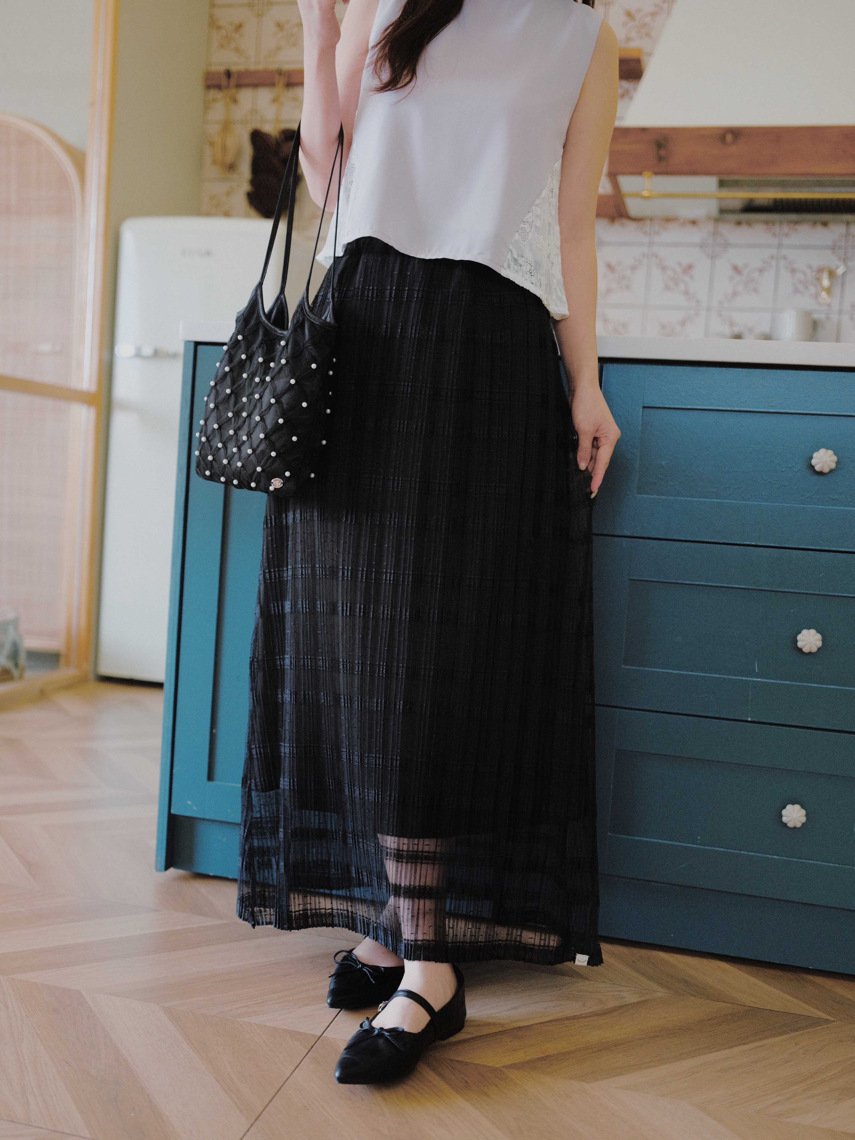 兩色 / 精緻感蕾絲網紗百摺長裙 / Pleated Lace Mesh Maxi Skirt