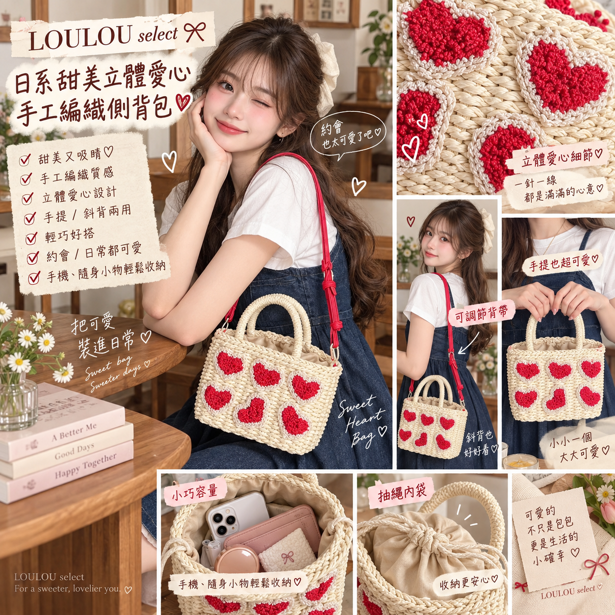 【預購】JM090709 LOULOU select 日系甜美立體愛心手工編織側背包