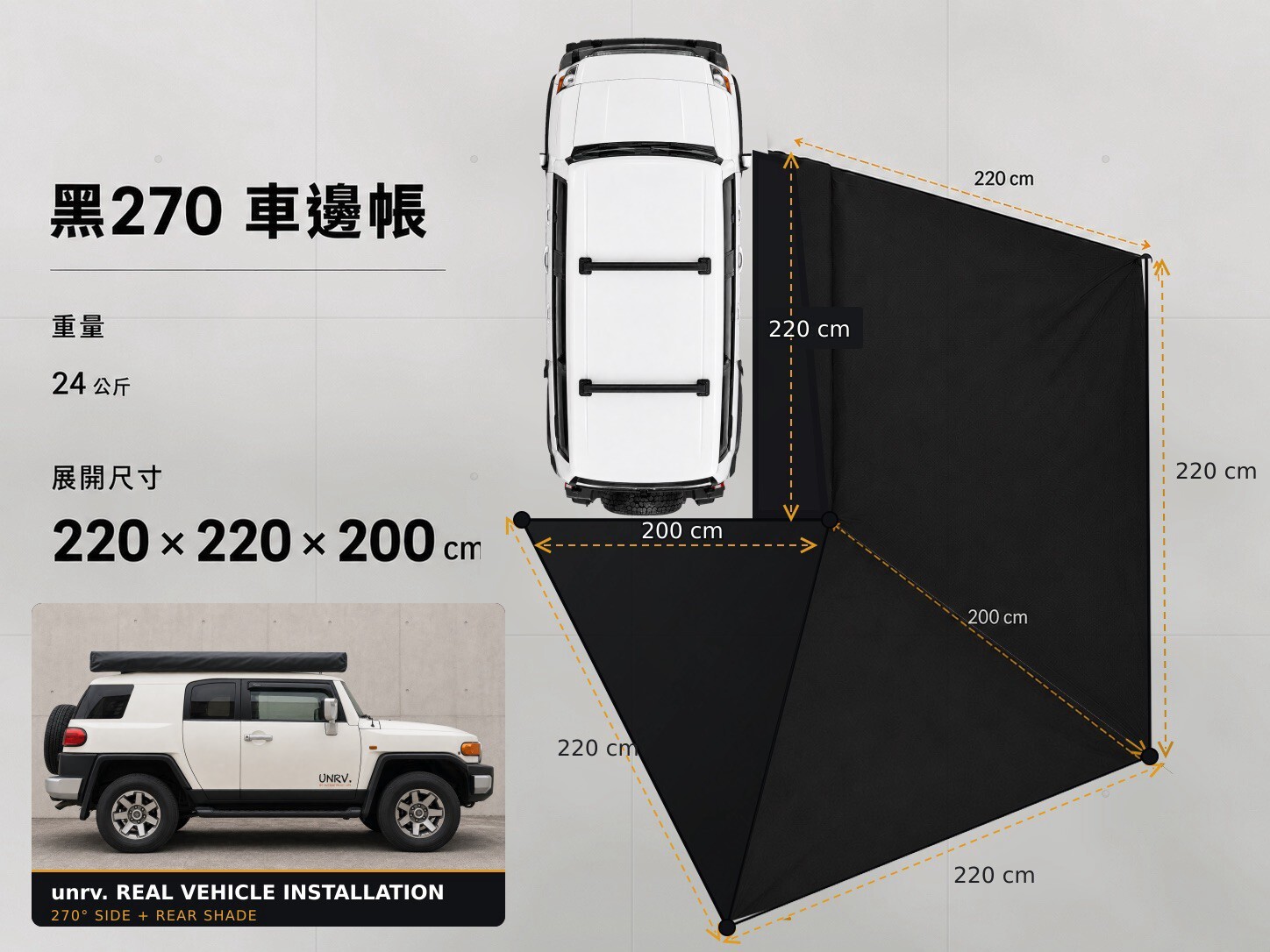 unrv. 黑蝙蝠270度車邊帳｜五邊環繞扇形帳・左右開・可加購邊圍