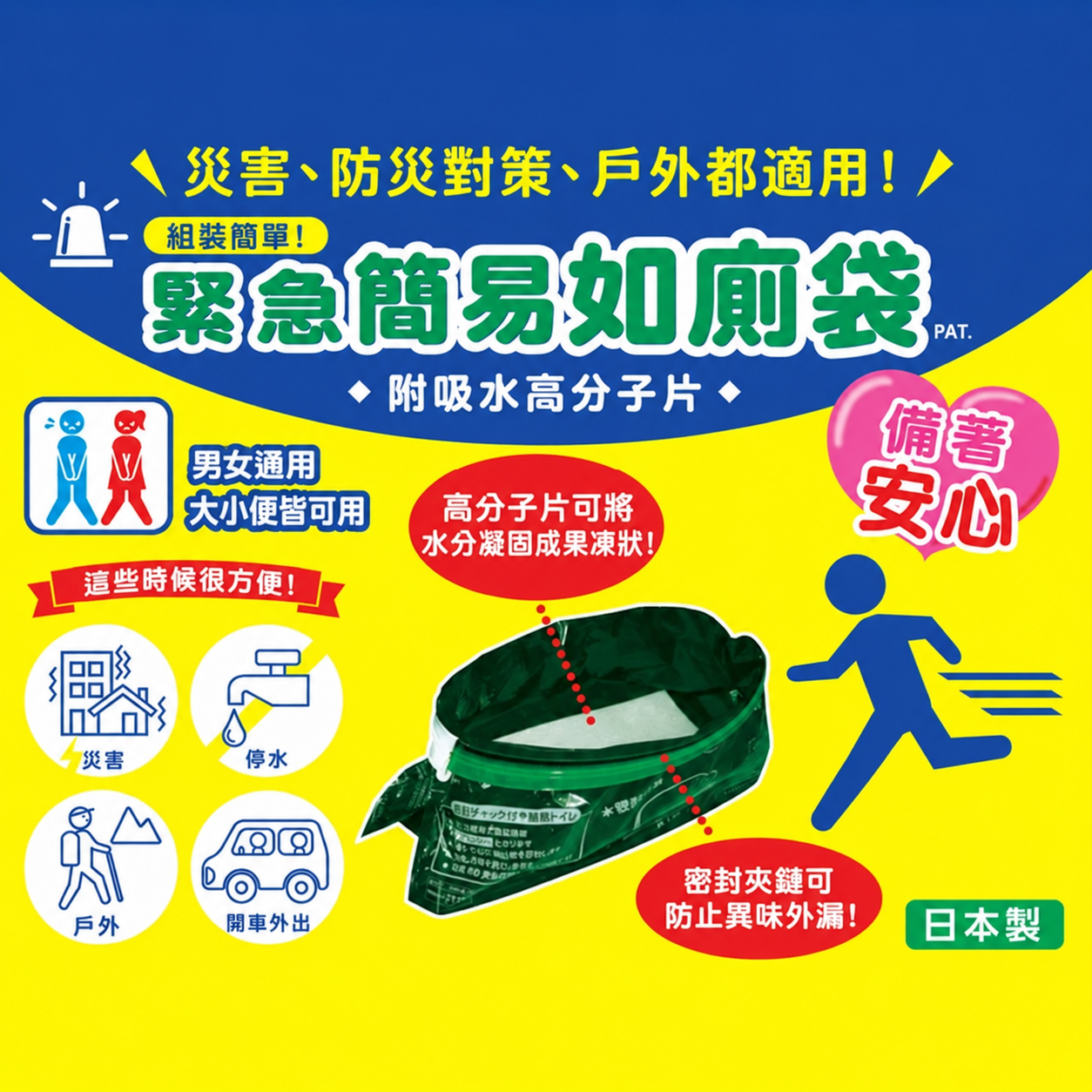 體積迷你輕巧好收納，外出、避難皆好收納在行李或防災包裏，以備不時之需。 ●不只災害時，在日常生活中也能派上用場！ –地震、颱風、停電、停水等緊急時刻 –長途塞車、露營、釣魚、登山等戶外活動 –醫療照護、孕婦行動不便或臨時需求時 –高齡者夜間起身不便的臨時使用