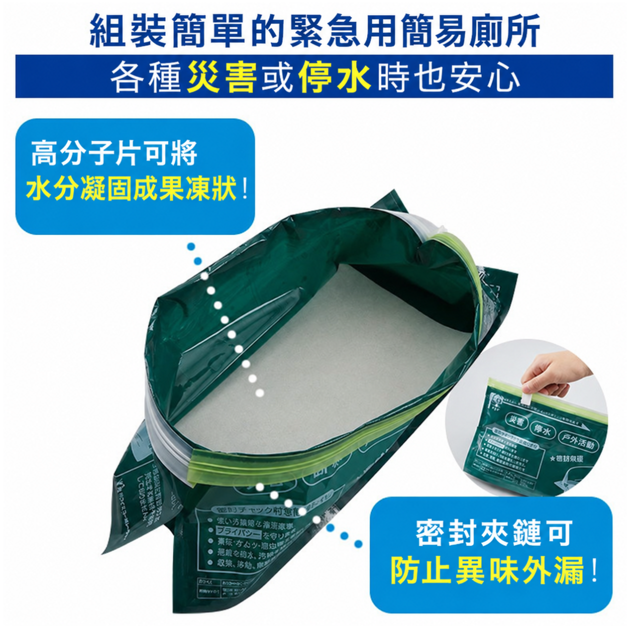 體積迷你輕巧好收納，外出、避難皆好收納在行李或防災包裏，以備不時之需。 ●不只災害時，在日常生活中也能派上用場！ –地震、颱風、停電、停水等緊急時刻 –長途塞車、露營、釣魚、登山等戶外活動 –醫療照護、孕婦行動不便或臨時需求時 –高齡者夜間起身不便的臨時使用