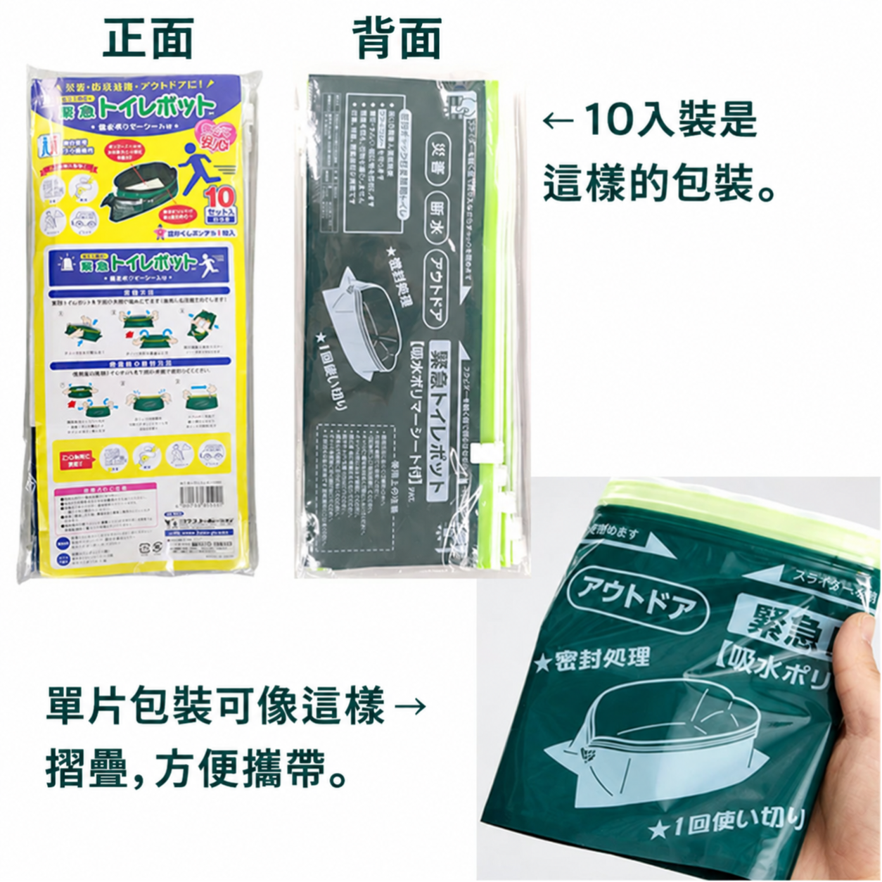 體積迷你輕巧好收納，外出、避難皆好收納在行李或防災包裏，以備不時之需。 ●不只災害時，在日常生活中也能派上用場！ –地震、颱風、停電、停水等緊急時刻 –長途塞車、露營、釣魚、登山等戶外活動 –醫療照護、孕婦行動不便或臨時需求時 –高齡者夜間起身不便的臨時使用