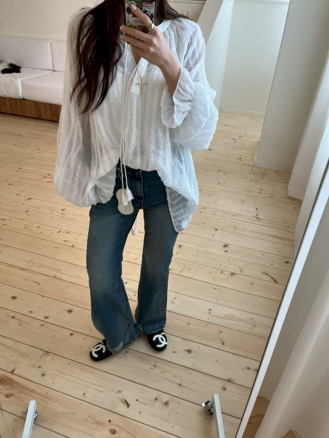 直紋流蘇綁帶長襯衫