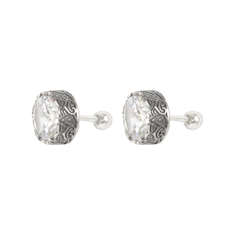 純銀耳飾，男士耳飾 圓潤單鋯 復古雕紋包鑲；清透光感 乾淨又不失精緻感的亮眼細節（4319白色）