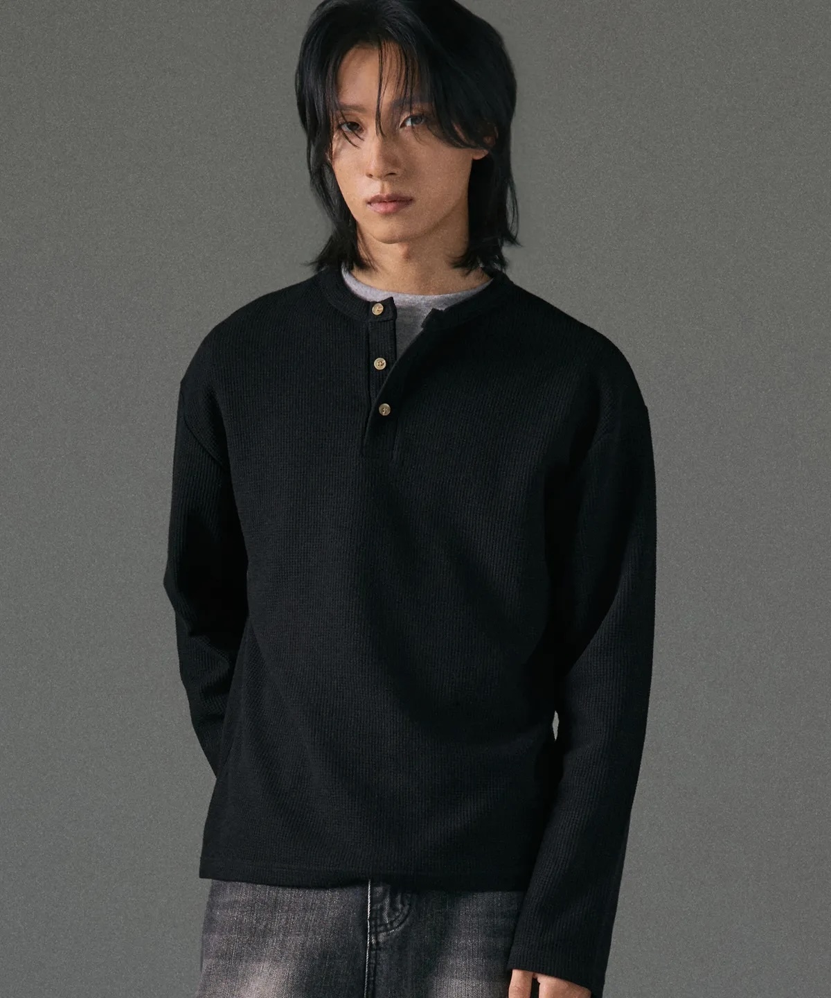 韓製 華夫格亨利領長袖上衣 6色