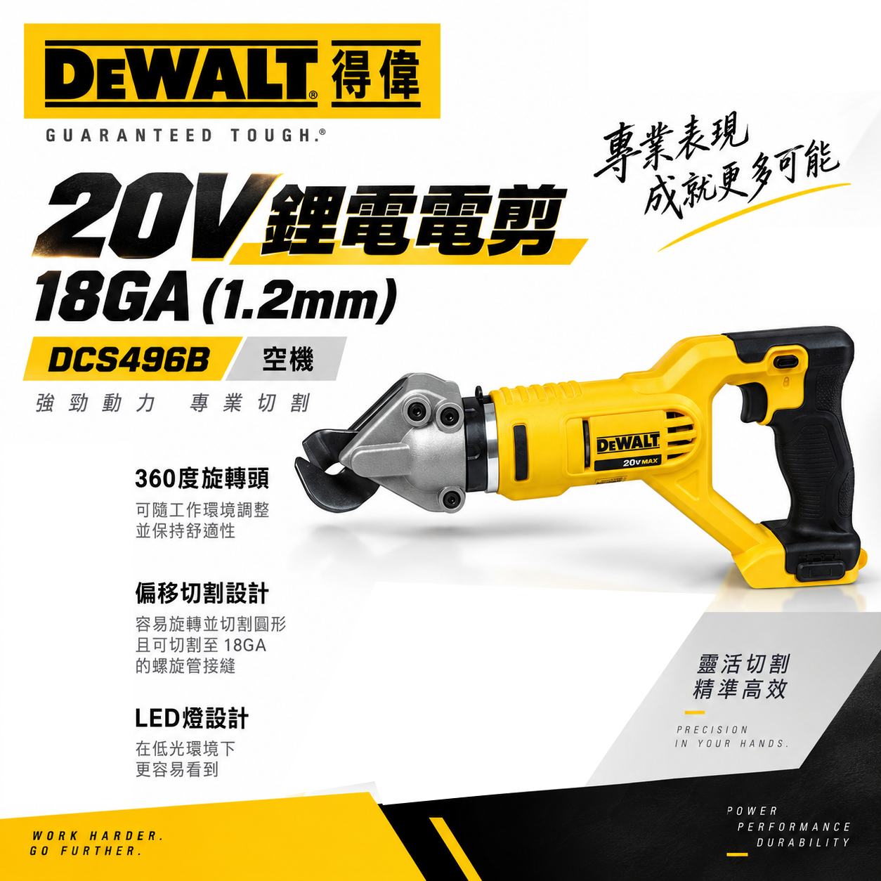 DEWALT 美國 得偉｜20V 充電式切斷剪 18GA 1.2mm充電鐵皮剪｜空機｜DCS496B｜公司貨 DCS496N DCS496