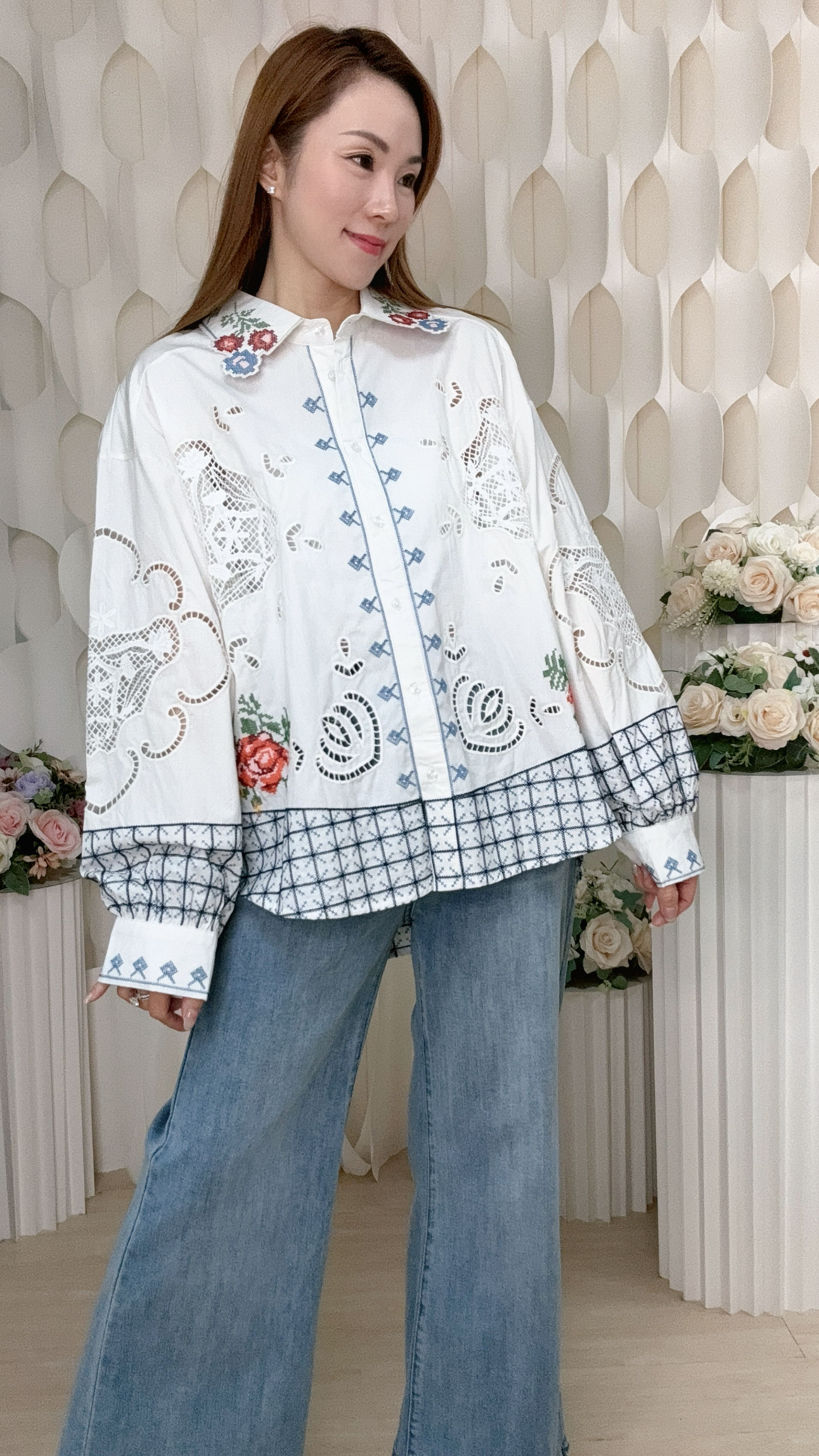 重工民族風刺繡蕾絲長袖上衣 (胸42 腰44 長24吋) 62055 #0709clo