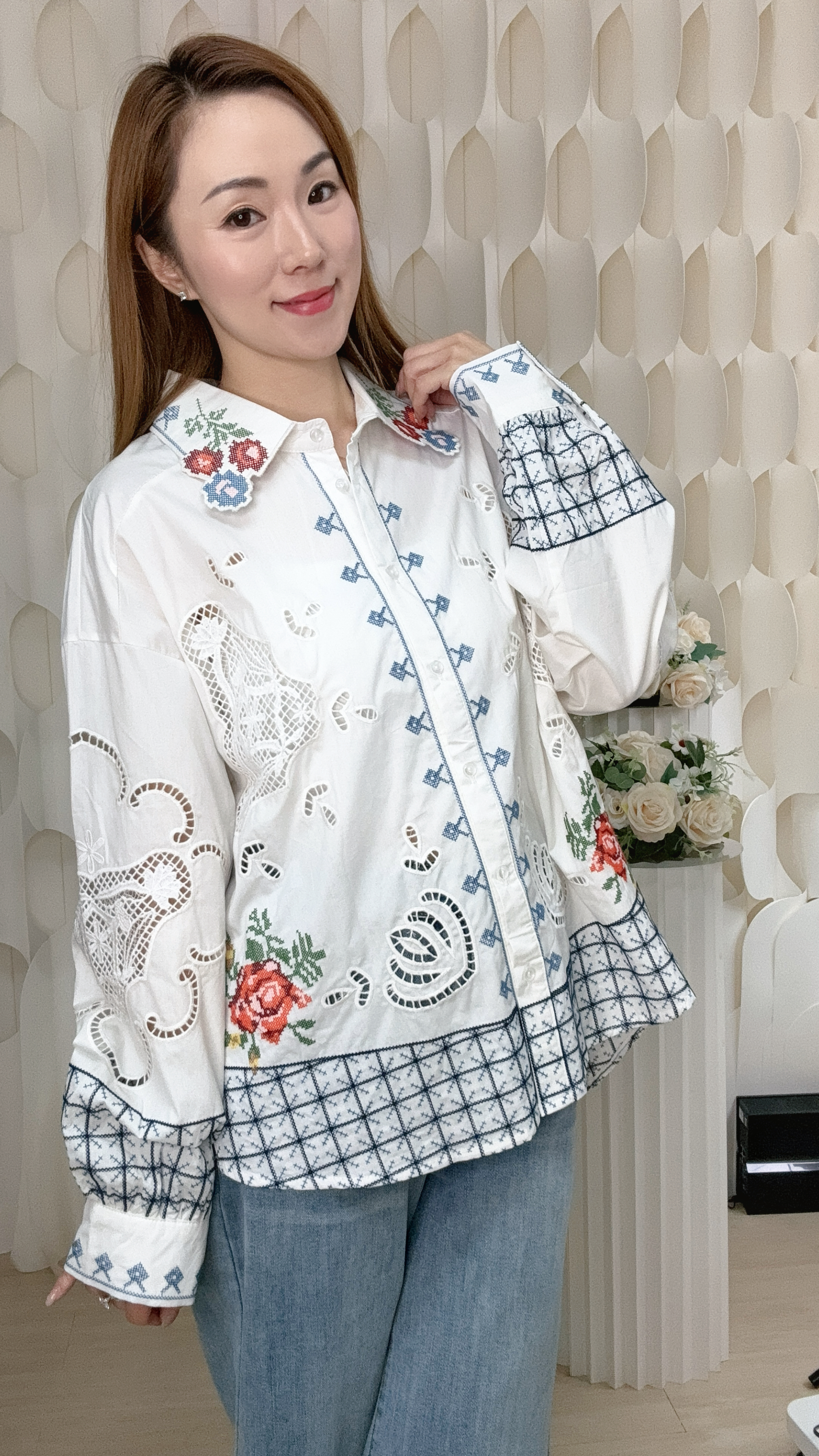 重工民族風刺繡蕾絲長袖上衣 (胸42 腰44 長24吋) 62055 #0709clo